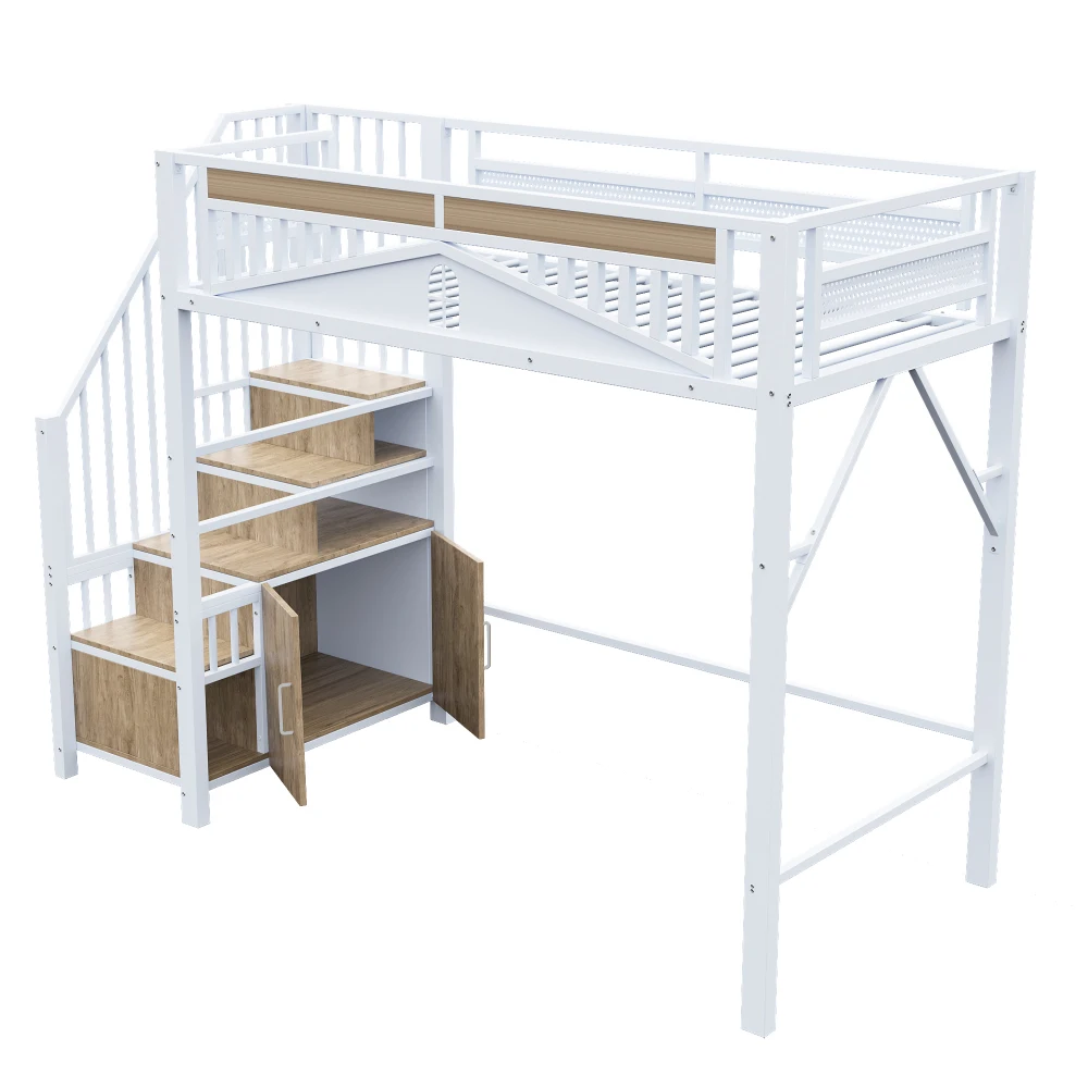 90*200cm/140*200cm Modern Metal High Bed with Unique Windowed Safety Housing and Spindle Safety Ladder for Kids Bedroom