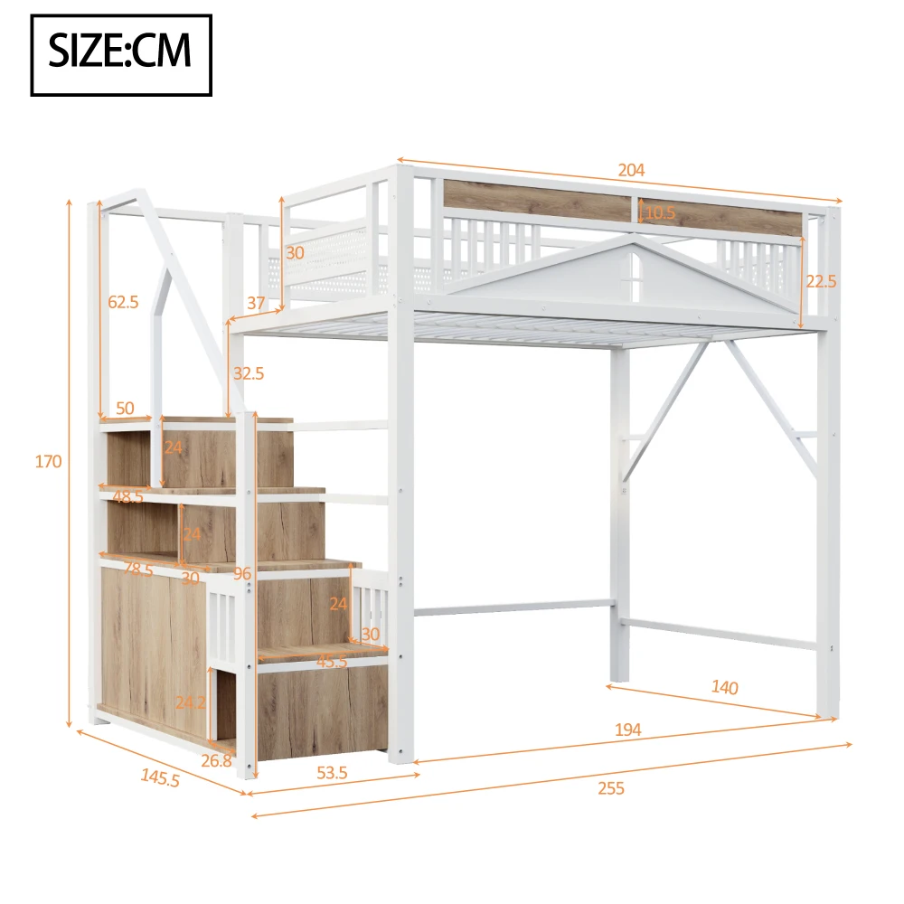 90*200cm/140*200cm Modern Metal High Bed with Unique Windowed Safety Housing and Spindle Safety Ladder for Kids Bedroom