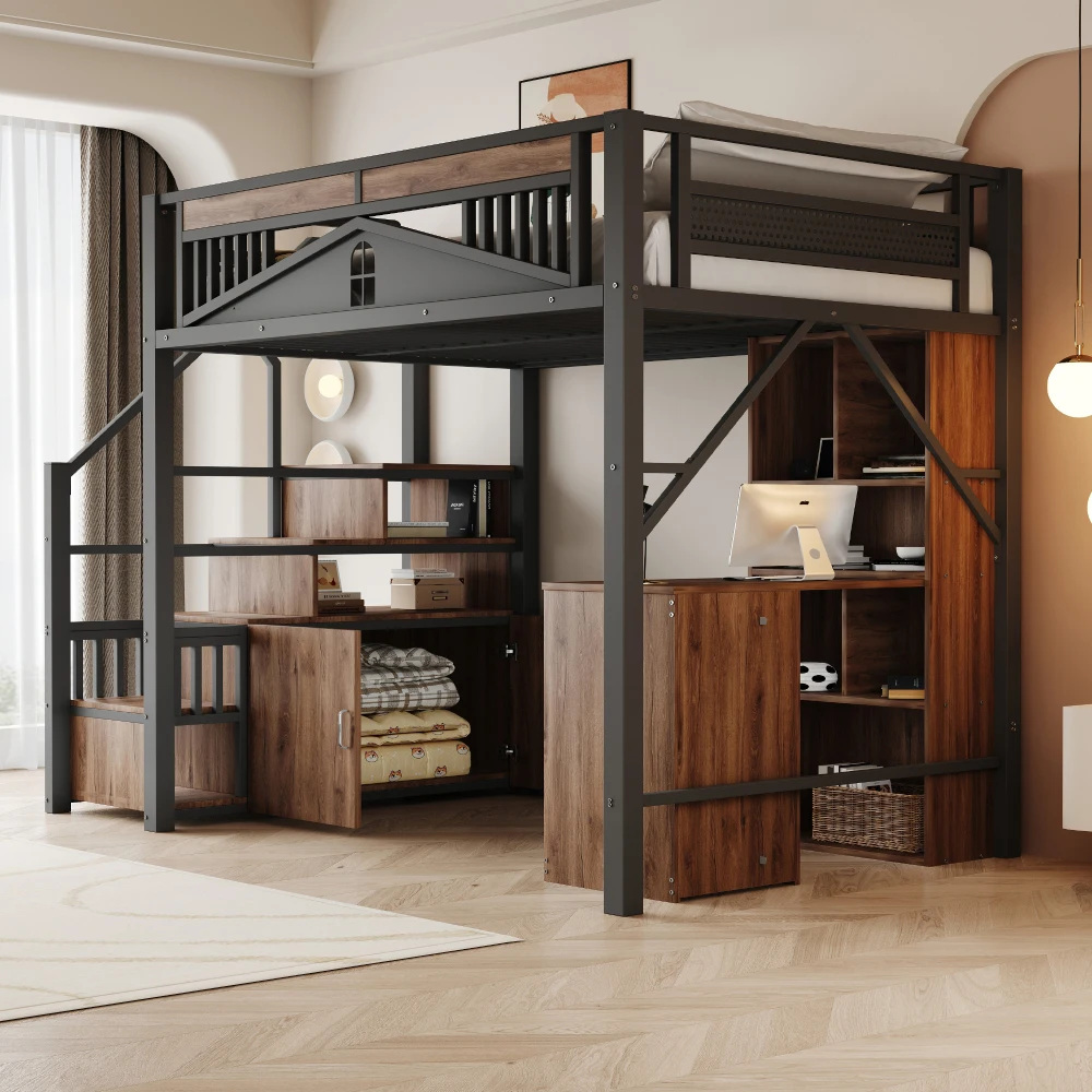 90*200cm/140*200cm Modern Metal High Bed with Unique Windowed Safety Housing and Spindle Safety Ladder for Kids Bedroom