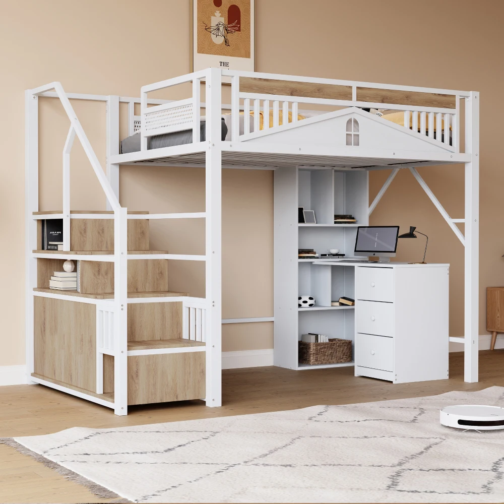 90*200cm/140*200cm Modern Metal High Bed with Unique Windowed Safety Housing and Spindle Safety Ladder for Kids Bedroom