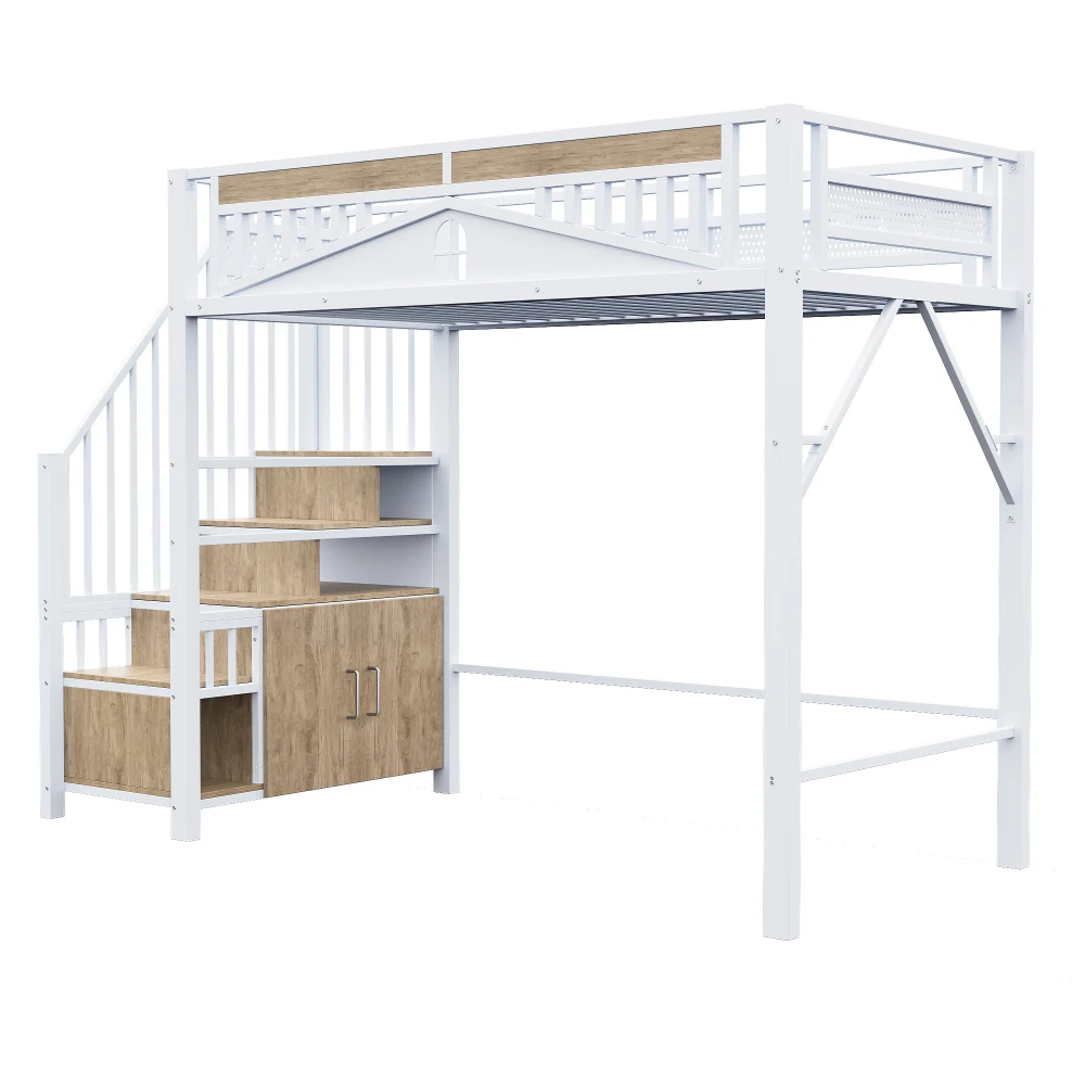 90*200cm/140*200cm Modern Metal High Bed with Unique Windowed Safety Housing and Spindle Safety Ladder for Kids Bedroom