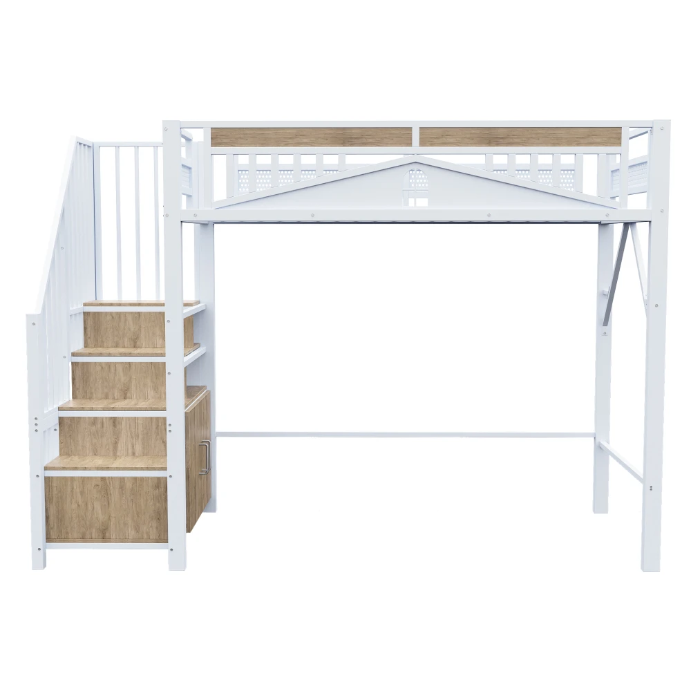 90*200cm/140*200cm Modern Metal High Bed with Unique Windowed Safety Housing and Spindle Safety Ladder for Kids Bedroom