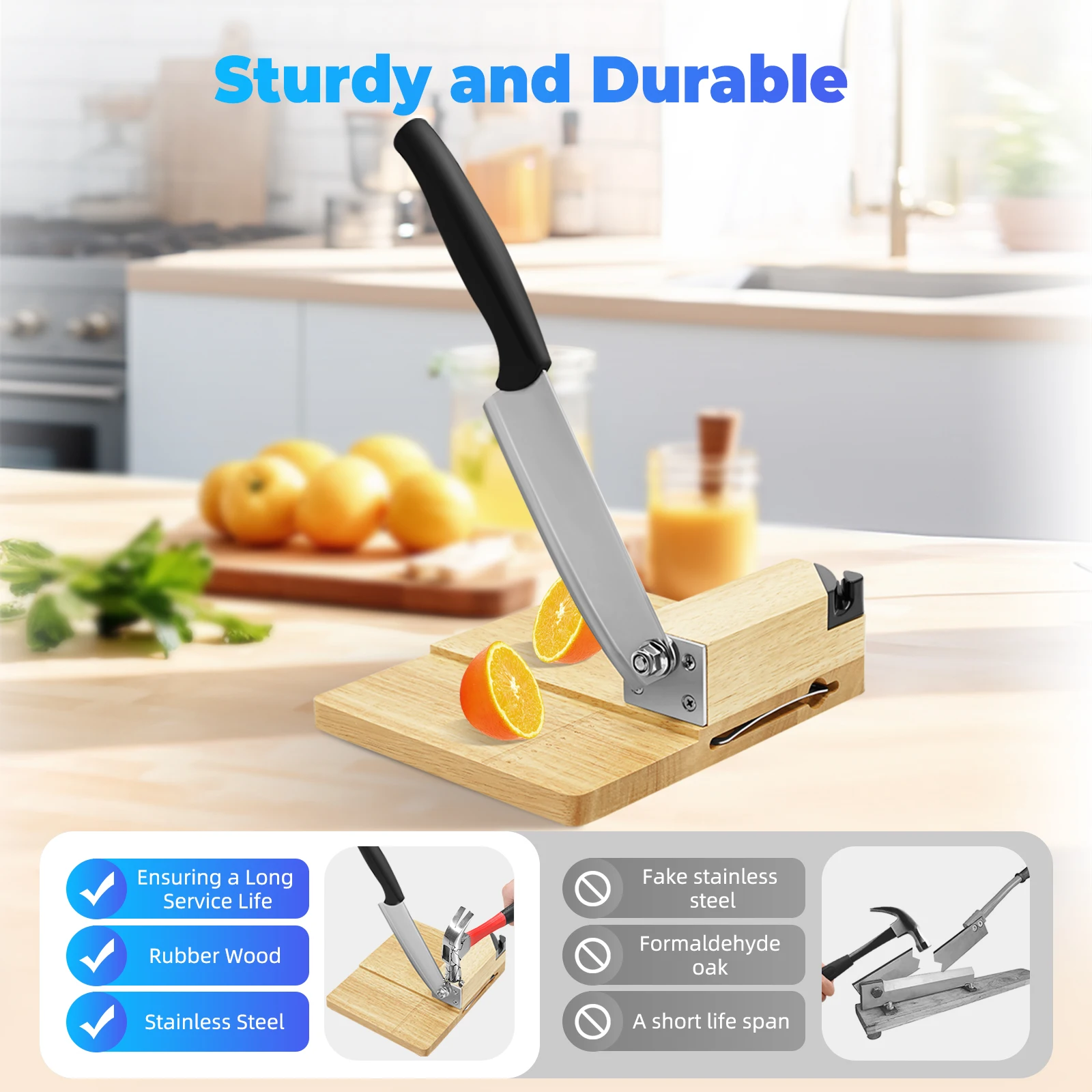 Guillotine Slicer Wood Meat Slicer Stainless Steel Manual Meat Cutter with Wood Board Tray Vegetable Chopper Sausage Meat Cutter