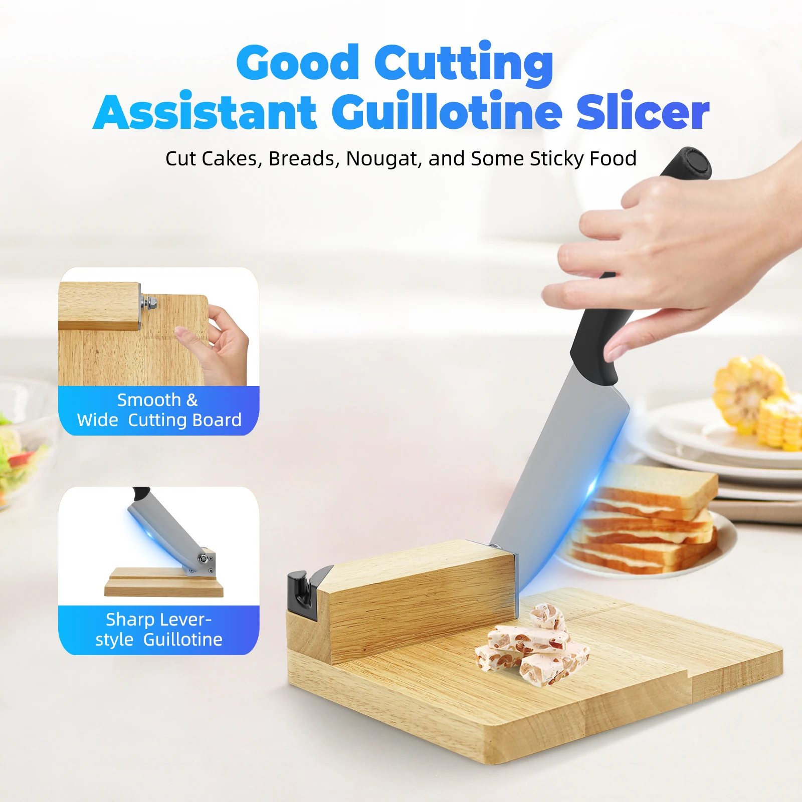 Guillotine Slicer Wood Meat Slicer Stainless Steel Manual Meat Cutter with Wood Board Tray Vegetable Chopper Sausage Meat Cutter