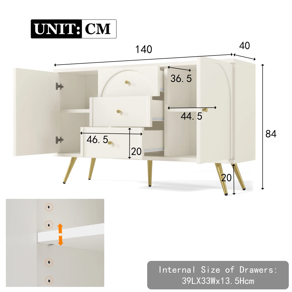 84×140×40cm Sideboard with 2 Doors and 3 Drawers, White Door Closet with Drawers, Adjustable Shelf, Modern Living Room Cabinet