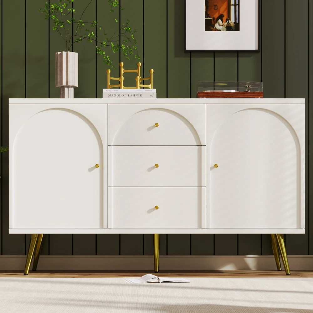84×140×40cm Sideboard with 2 Doors and 3 Drawers, White Door Closet with Drawers, Adjustable Shelf, Modern Living Room Cabinet