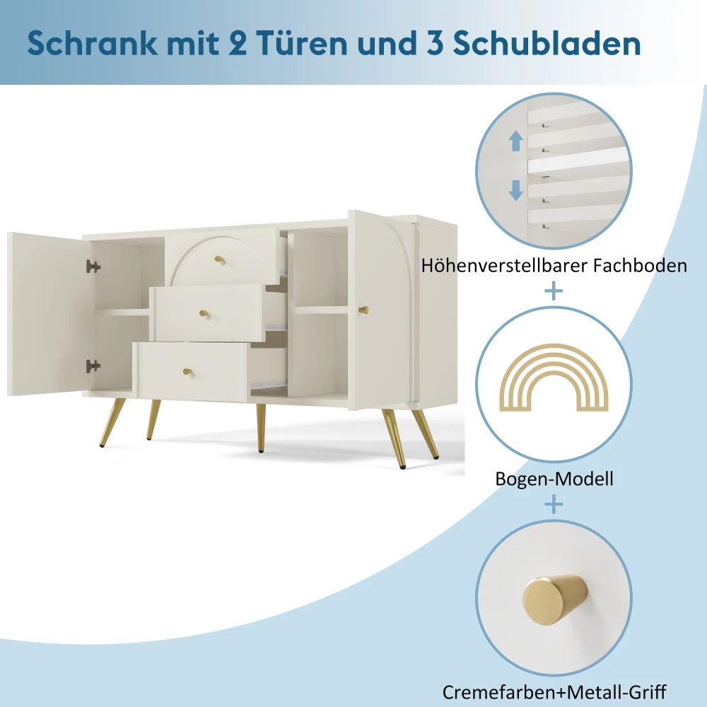 84×140×40cm Sideboard with 2 Doors and 3 Drawers, White Door Closet with Drawers, Adjustable Shelf, Modern Living Room Cabinet