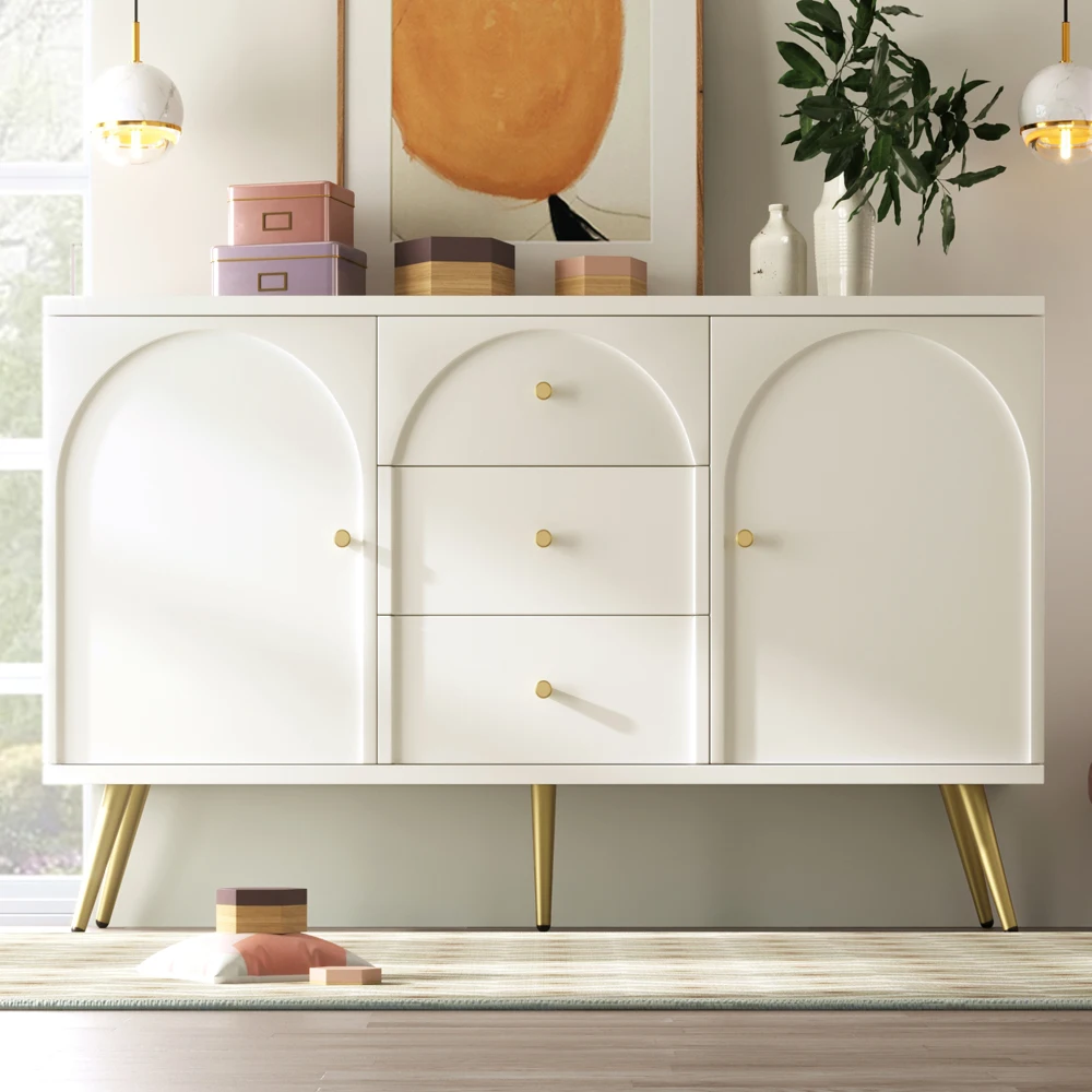 84×140×40cm Sideboard with 2 Doors and 3 Drawers, White Door Closet with Drawers, Adjustable Shelf, Modern Living Room Cabinet