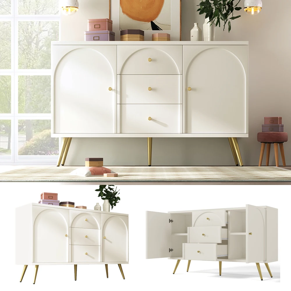 84×140×40cm Sideboard with 2 Doors and 3 Drawers, White Door Closet with Drawers, Adjustable Shelf, Modern Living Room Cabinet