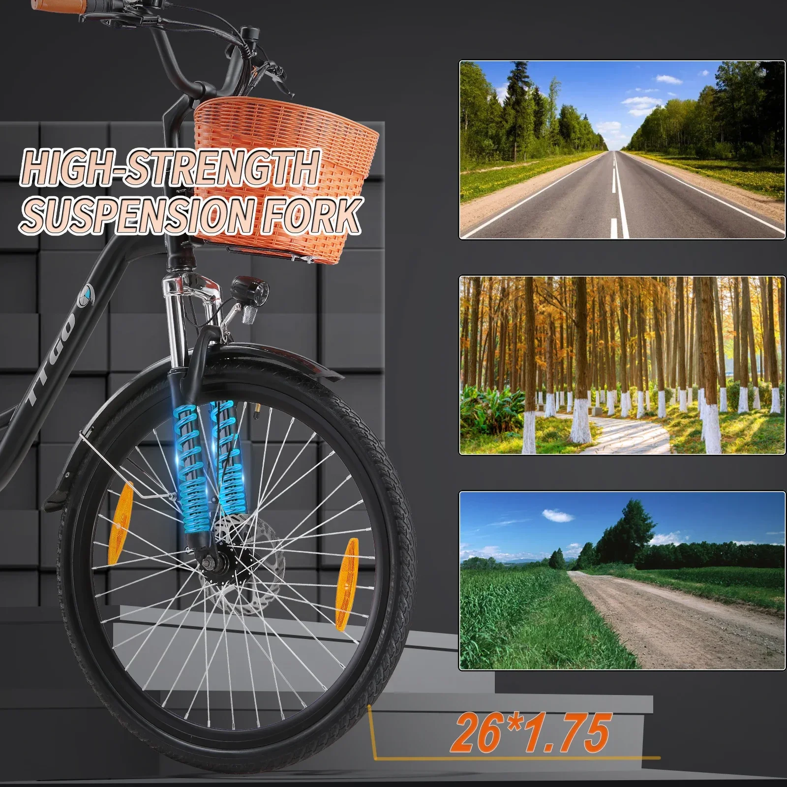 TTGO YY-26ST Electric Bike 26 Inch E-bike 36V14.5 Ah Battery,City Bike 60-75 km Electric Bicycle with Basket EBike for Men Women