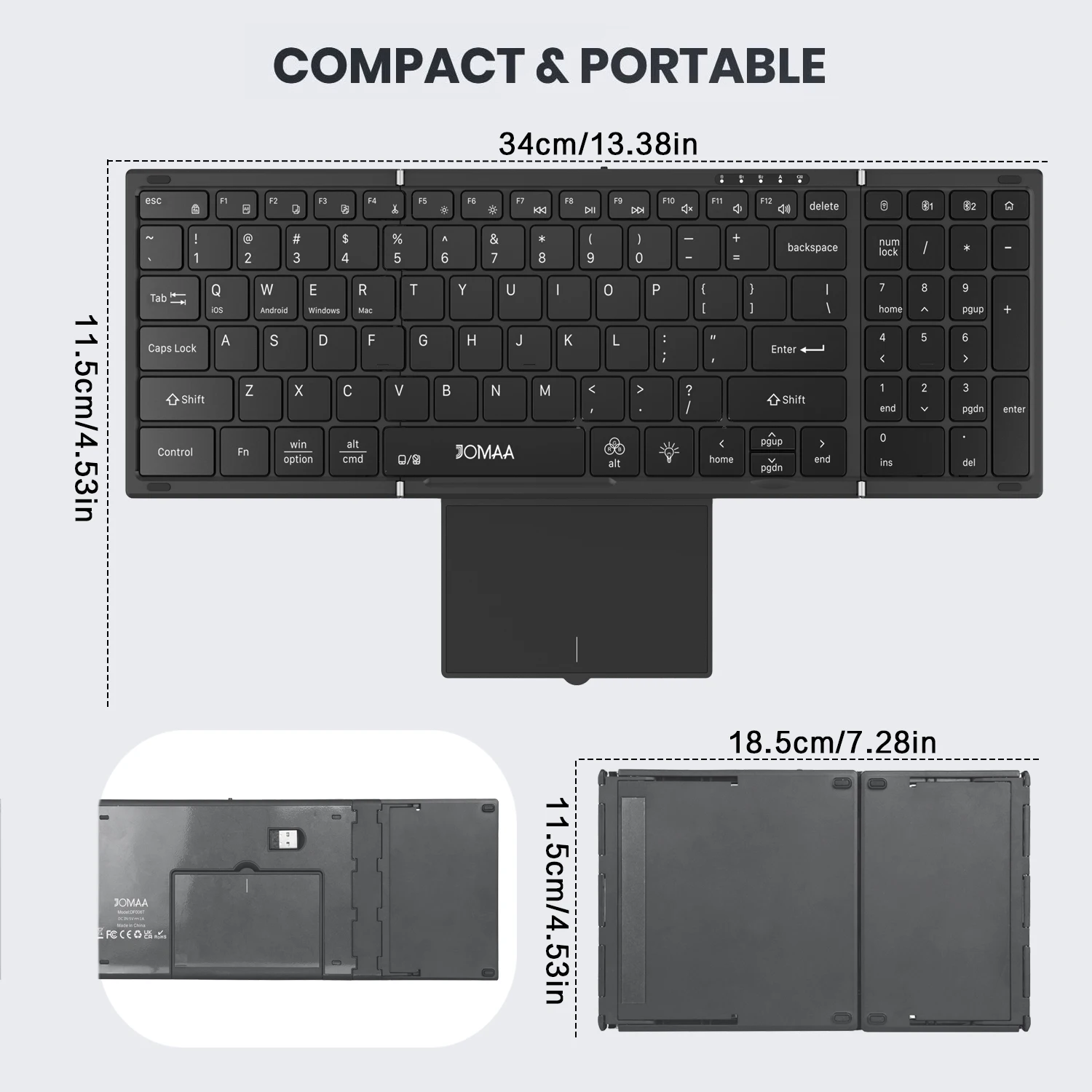 JOMAA Portable 98 Key Folding Travel Keypad with LED Backlit,Rechargeable Bluetooth&2.4G Wireless Touchpad Keyboard for Win/Mac