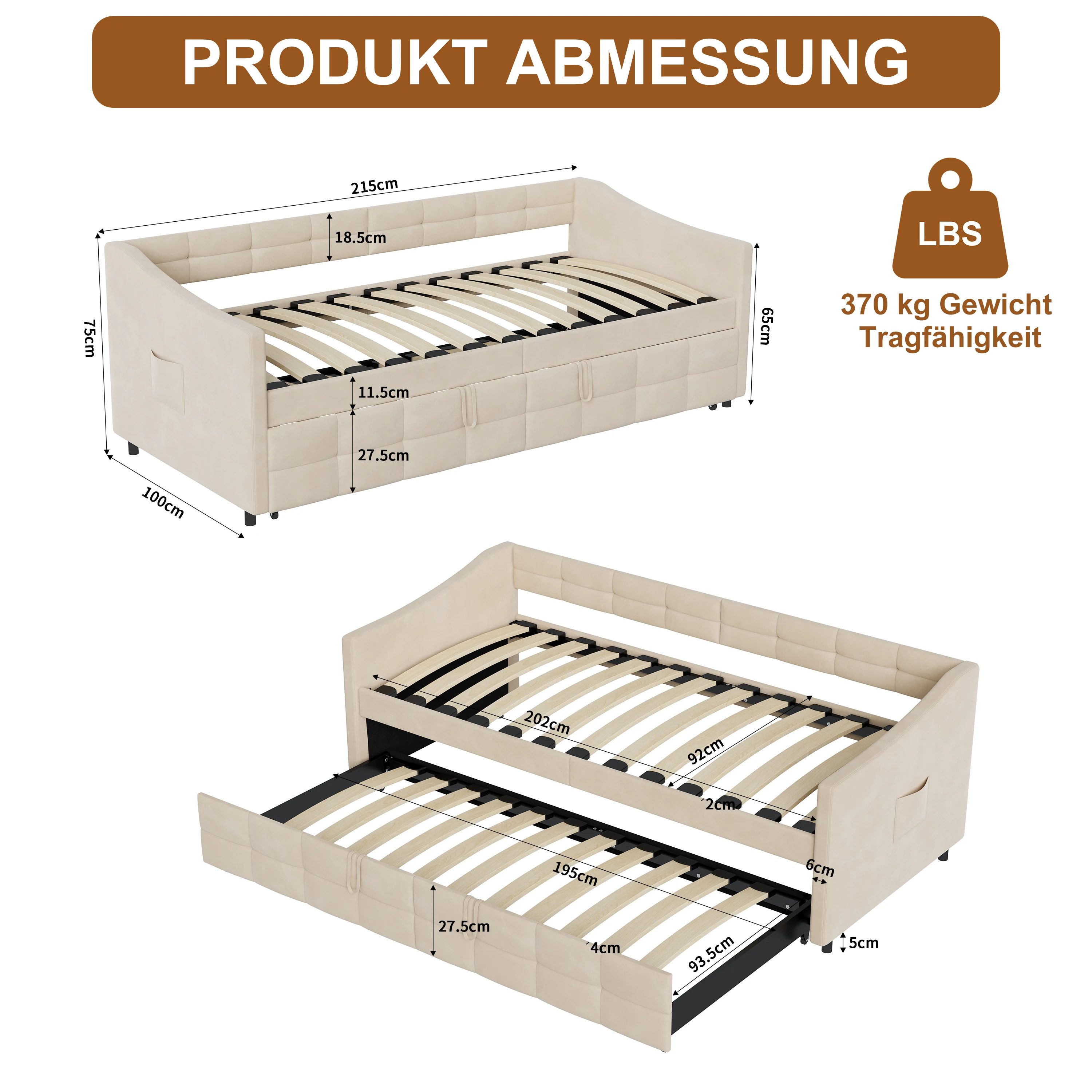 Sofa bed with pull-out bed, daybed, pull-out bed, upholstered bed, sofa bed with pull-out bed, 90/180 x 200 cm, cream white