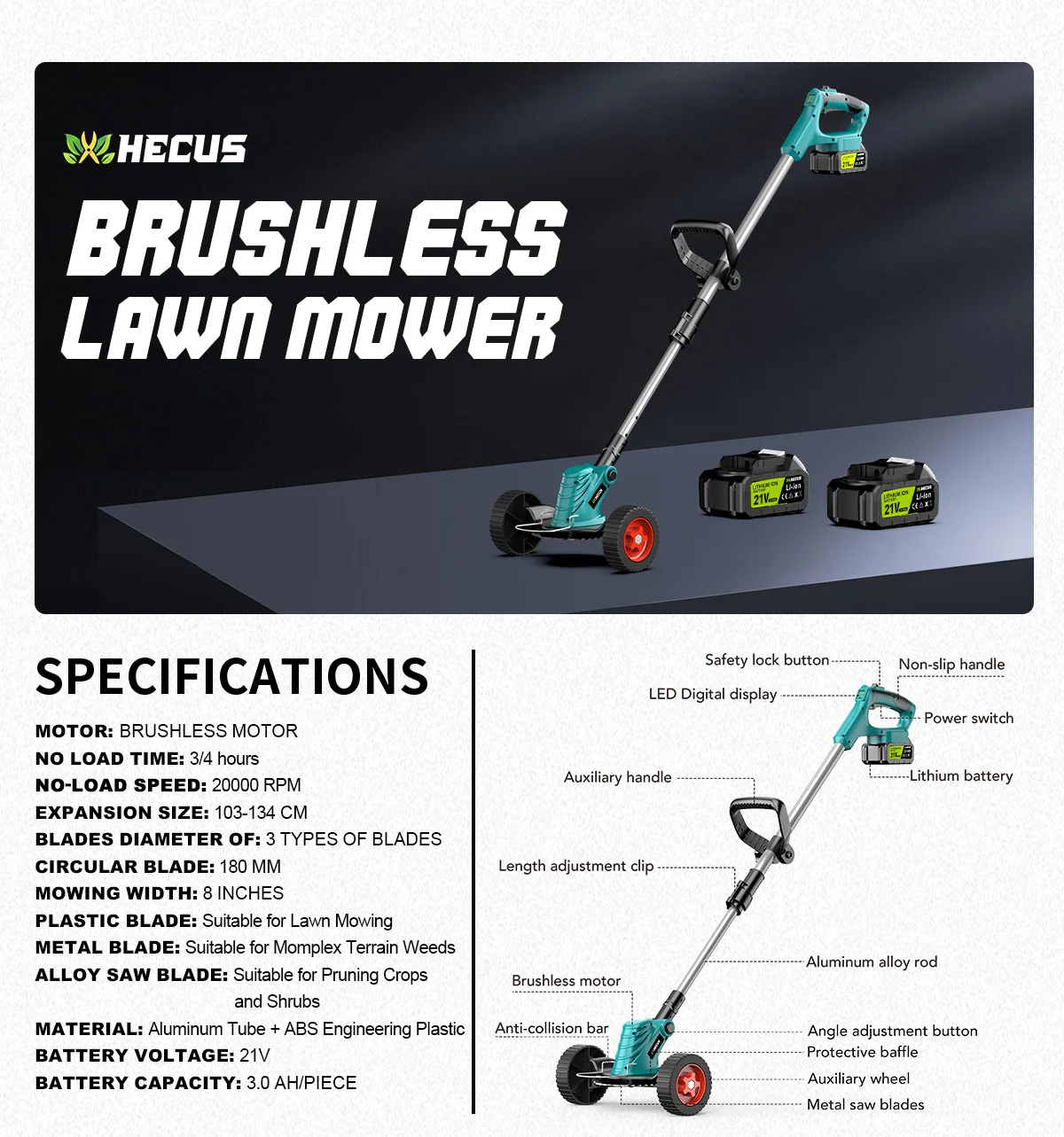 Gisam 8 Inch Brushless Electric Lawn Mower Cordless Grass Trimmer Adjustable Garden Cutter Power Tool For Makita 18V Battery Pin
