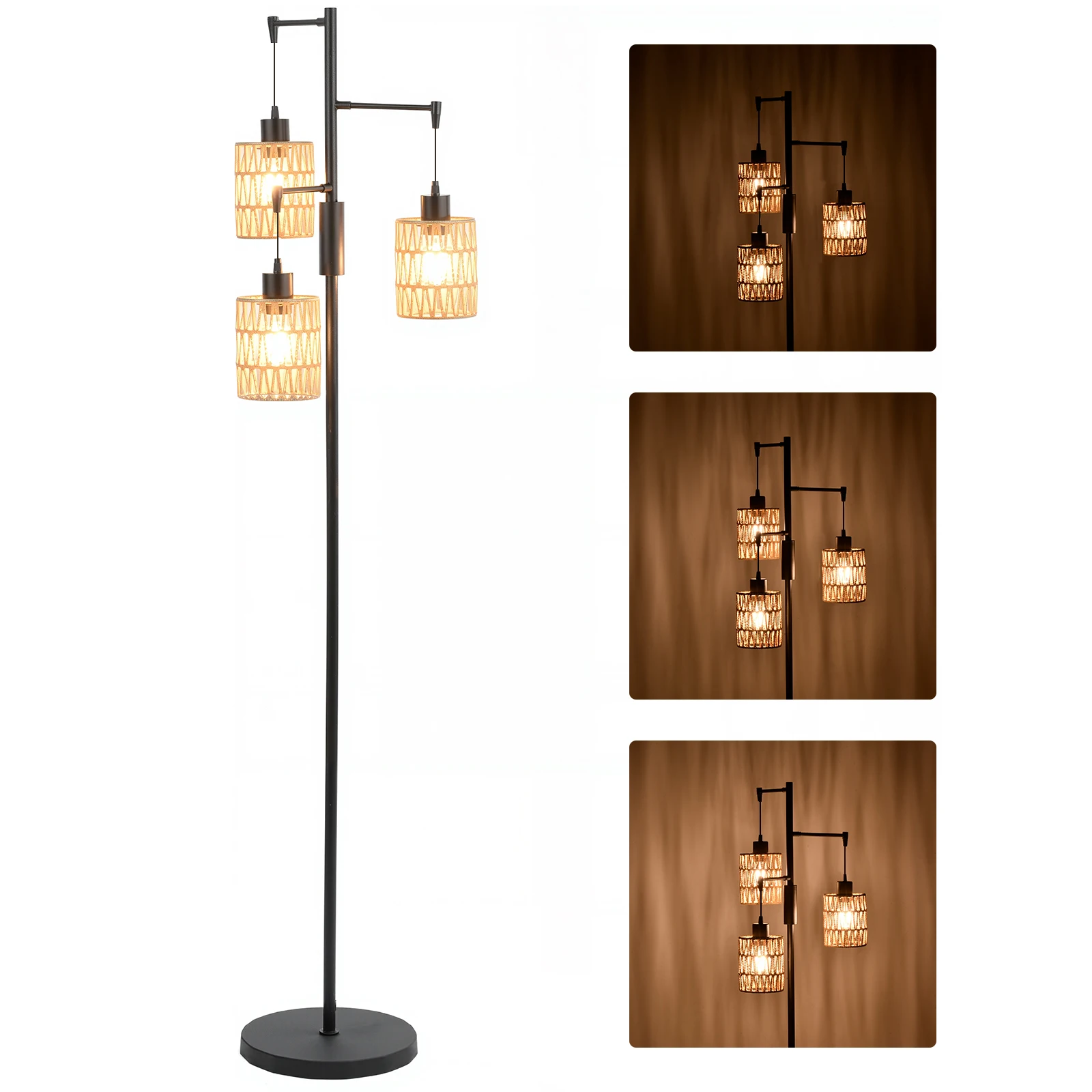 Boho Standing Lamp Dimmable 3-Bulb LED Rustic Tall Boho Lamp, Rattan Lampshade for Bedroom, Dining Room, Living Room, Office