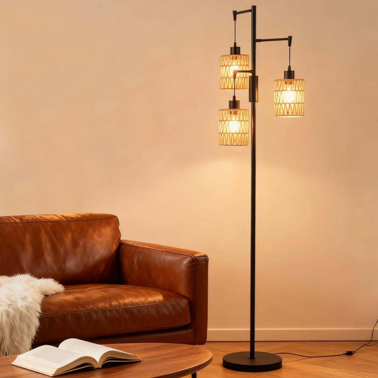 Boho Standing Lamp Dimmable 3-Bulb LED Rustic Tall Boho Lamp, Rattan Lampshade for Bedroom, Dining Room, Living Room, Office