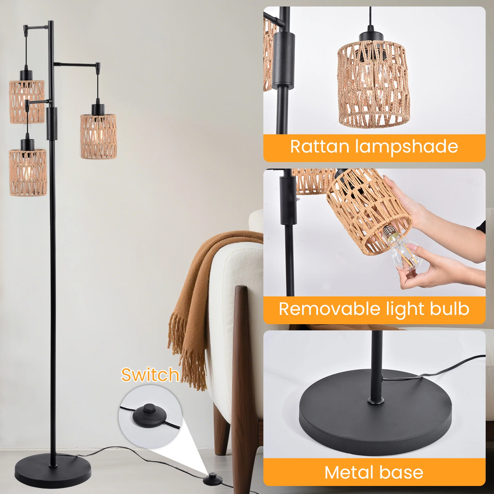 Boho Standing Lamp Dimmable 3-Bulb LED Rustic Tall Boho Lamp, Rattan Lampshade for Bedroom, Dining Room, Living Room, Office