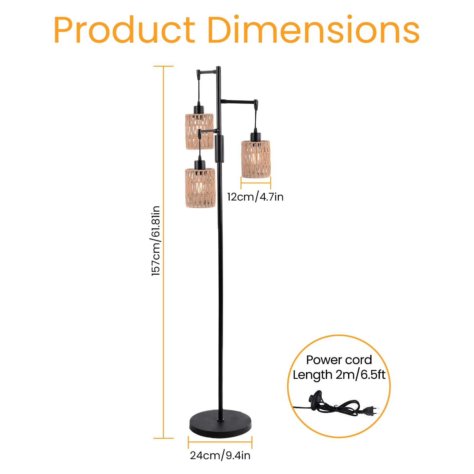 Boho Standing Lamp Dimmable 3-Bulb LED Rustic Tall Boho Lamp, Rattan Lampshade for Bedroom, Dining Room, Living Room, Office