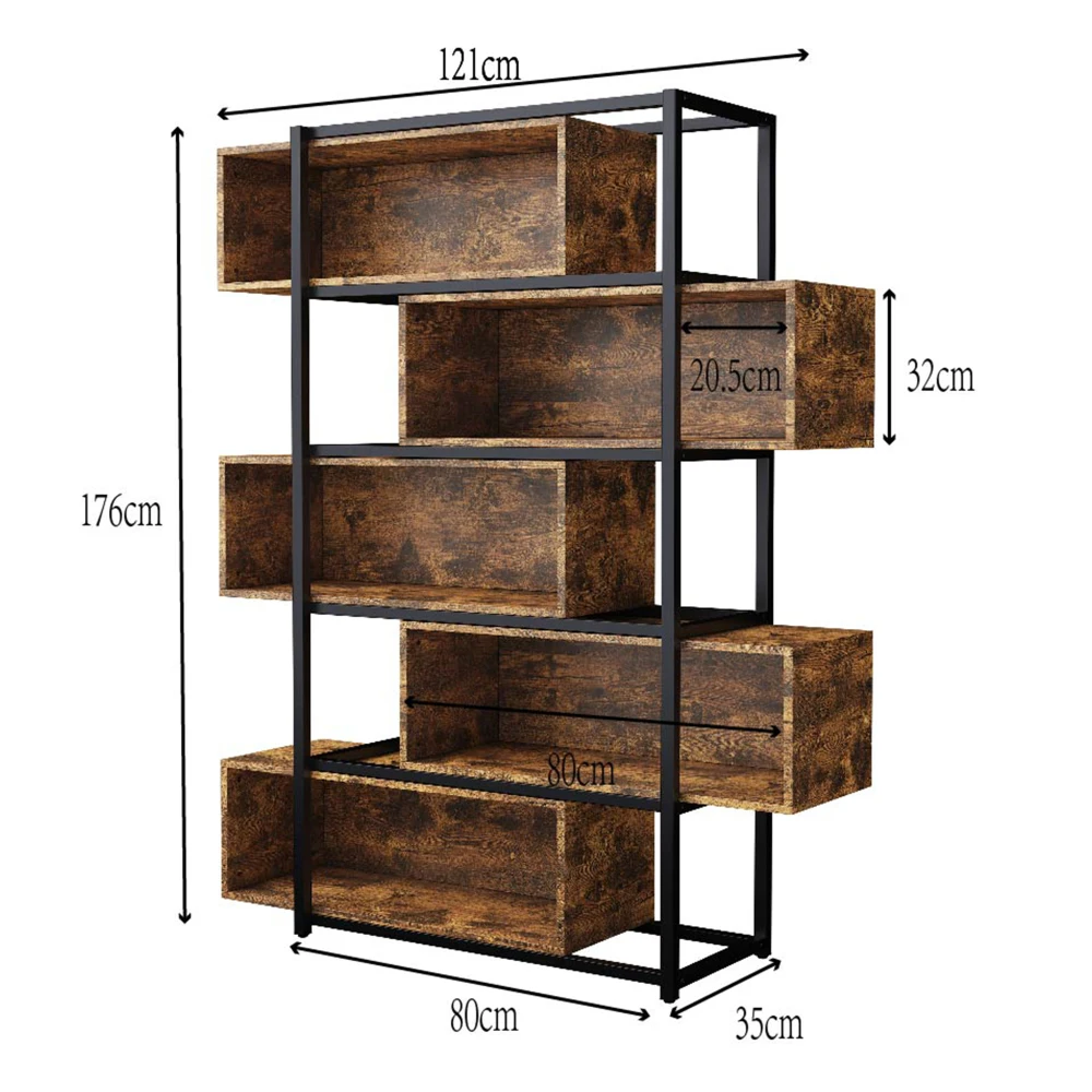 Wood Carving Brown5 Tiers Bookshelf with Steel Tubes Freestanding Bookcase Recessed Shelves Multifunctional Storage Display Rack