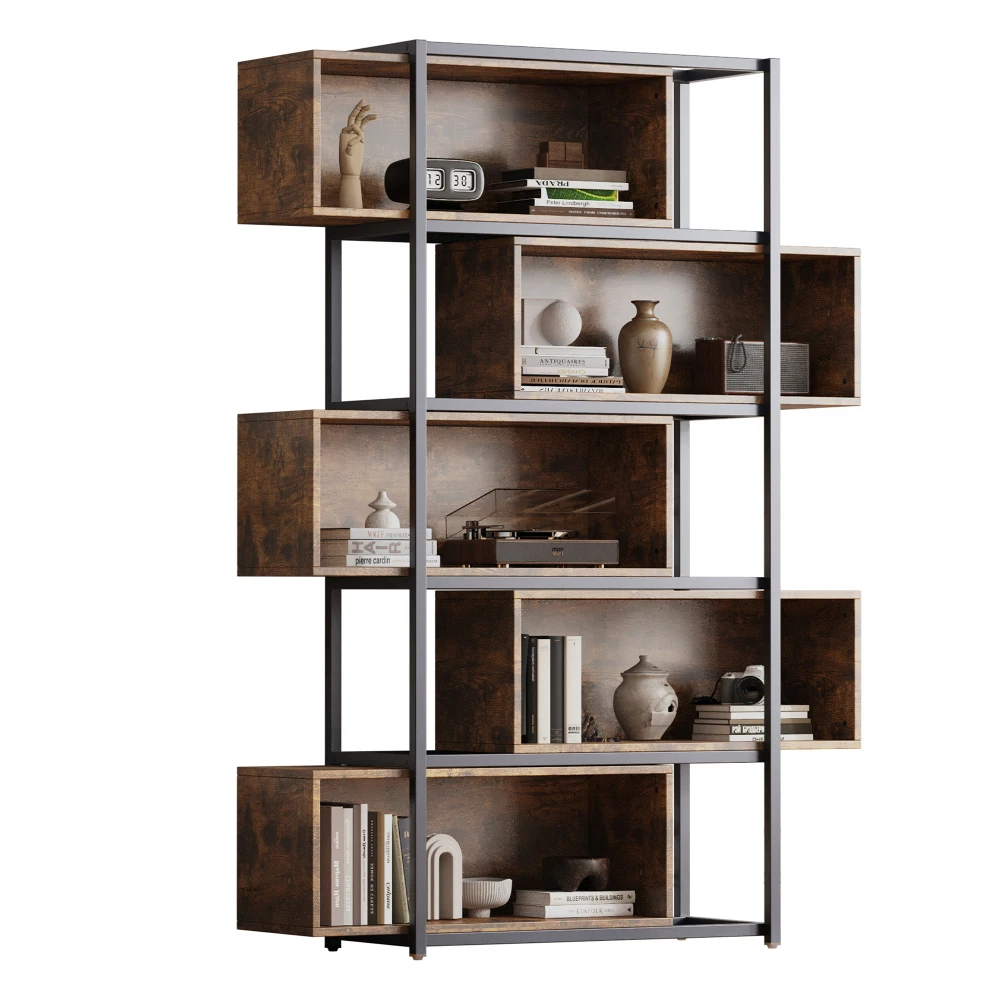 Wood Carving Brown5 Tiers Bookshelf with Steel Tubes Freestanding Bookcase Recessed Shelves Multifunctional Storage Display Rack