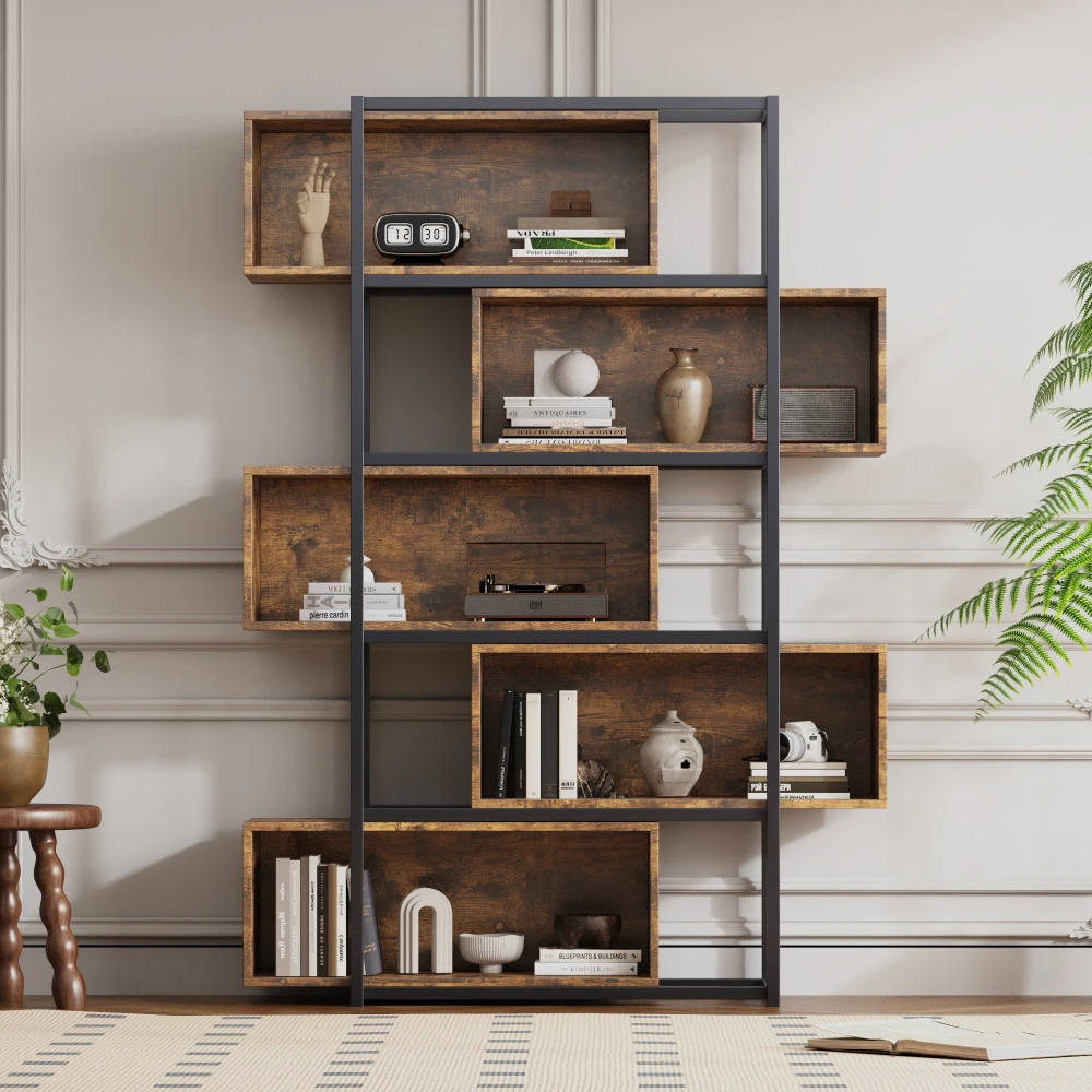 Wood Carving Brown5 Tiers Bookshelf with Steel Tubes Freestanding Bookcase Recessed Shelves Multifunctional Storage Display Rack