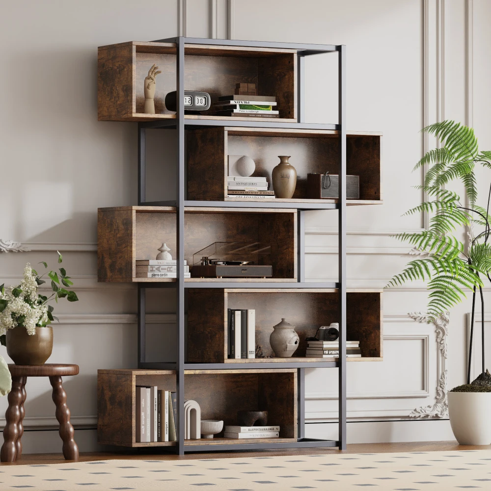 Wood Carving Brown5 Tiers Bookshelf with Steel Tubes Freestanding Bookcase Recessed Shelves Multifunctional Storage Display Rack
