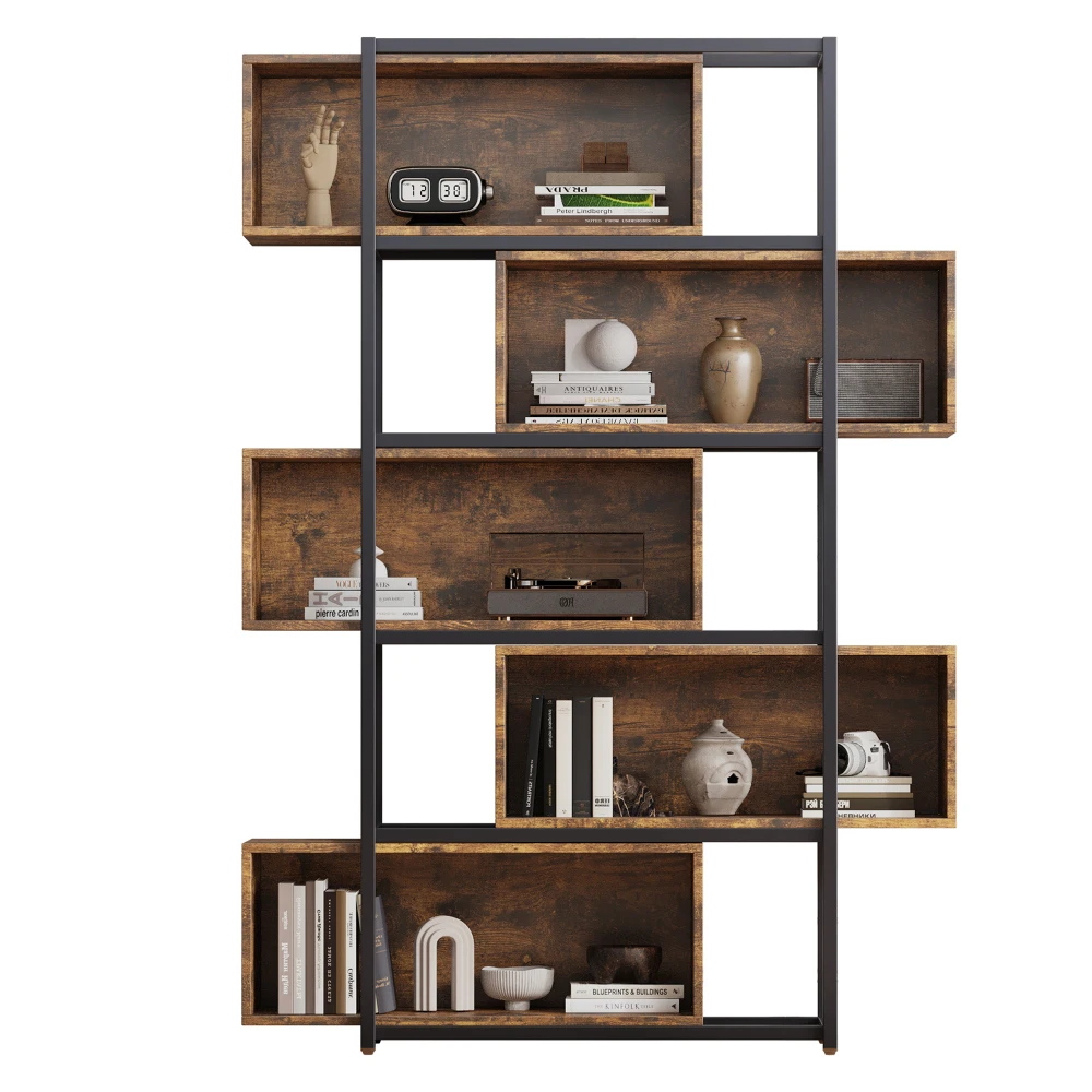 Wood Carving Brown5 Tiers Bookshelf with Steel Tubes Freestanding Bookcase Recessed Shelves Multifunctional Storage Display Rack