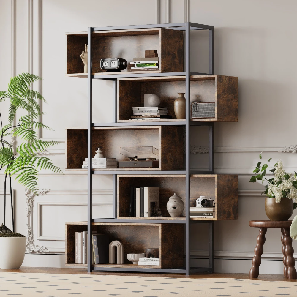 Wood Carving Brown5 Tiers Bookshelf with Steel Tubes Freestanding Bookcase Recessed Shelves Multifunctional Storage Display Rack