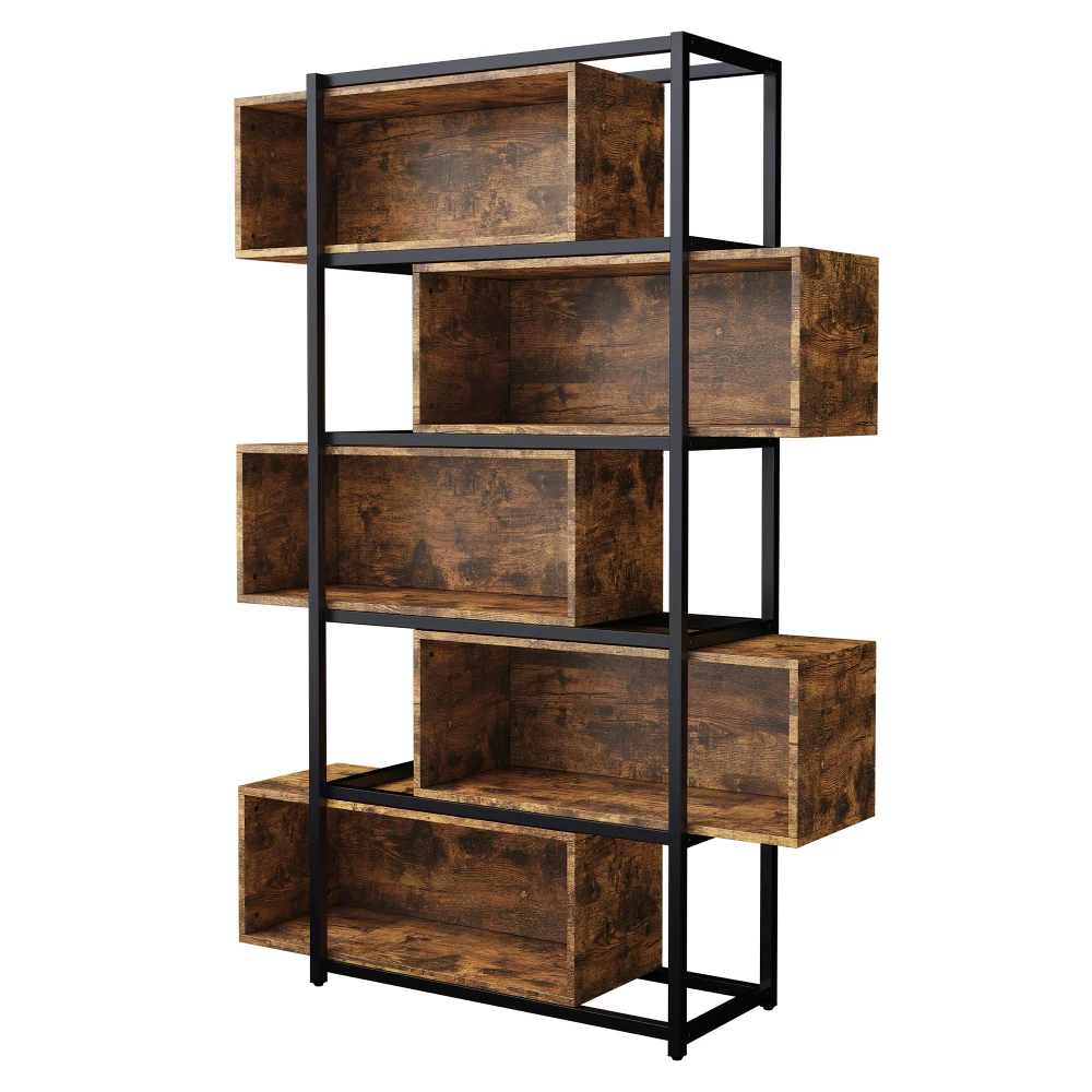 Wood Carving Brown5 Tiers Bookshelf with Steel Tubes Freestanding Bookcase Recessed Shelves Multifunctional Storage Display Rack