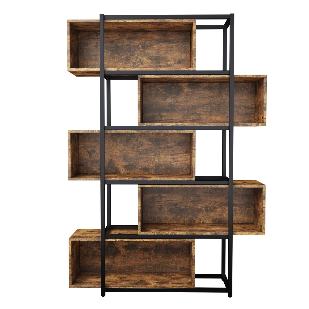 Wood Carving Brown5 Tiers Bookshelf with Steel Tubes Freestanding Bookcase Recessed Shelves Multifunctional Storage Display Rack