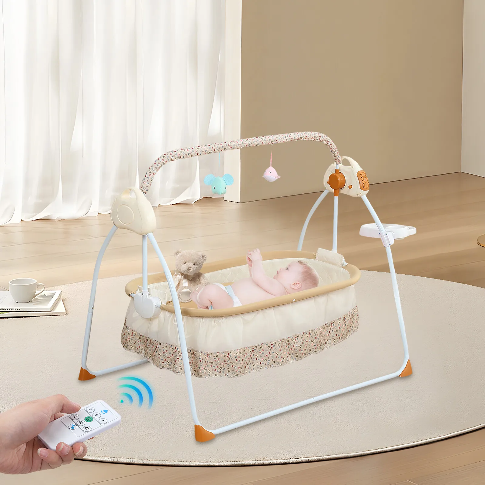 Baby Cradle Swing Electric 5 Gears 55LBS Load 0-18 Months Foldable Bluetooth Music Timing for Newborn ABS Steel Pipe