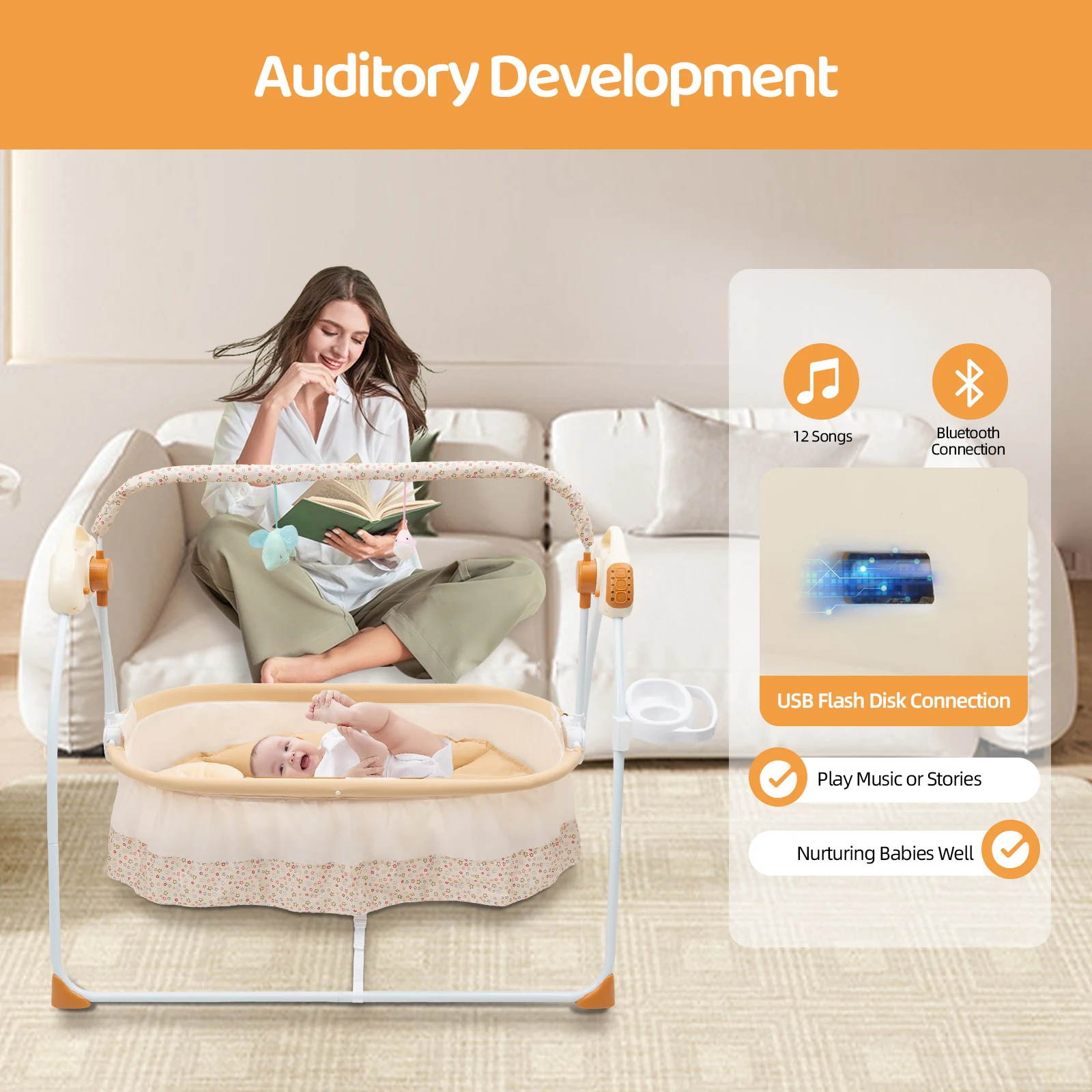 Baby Cradle Swing Electric 5 Gears 55LBS Load 0-18 Months Foldable Bluetooth Music Timing for Newborn ABS Steel Pipe