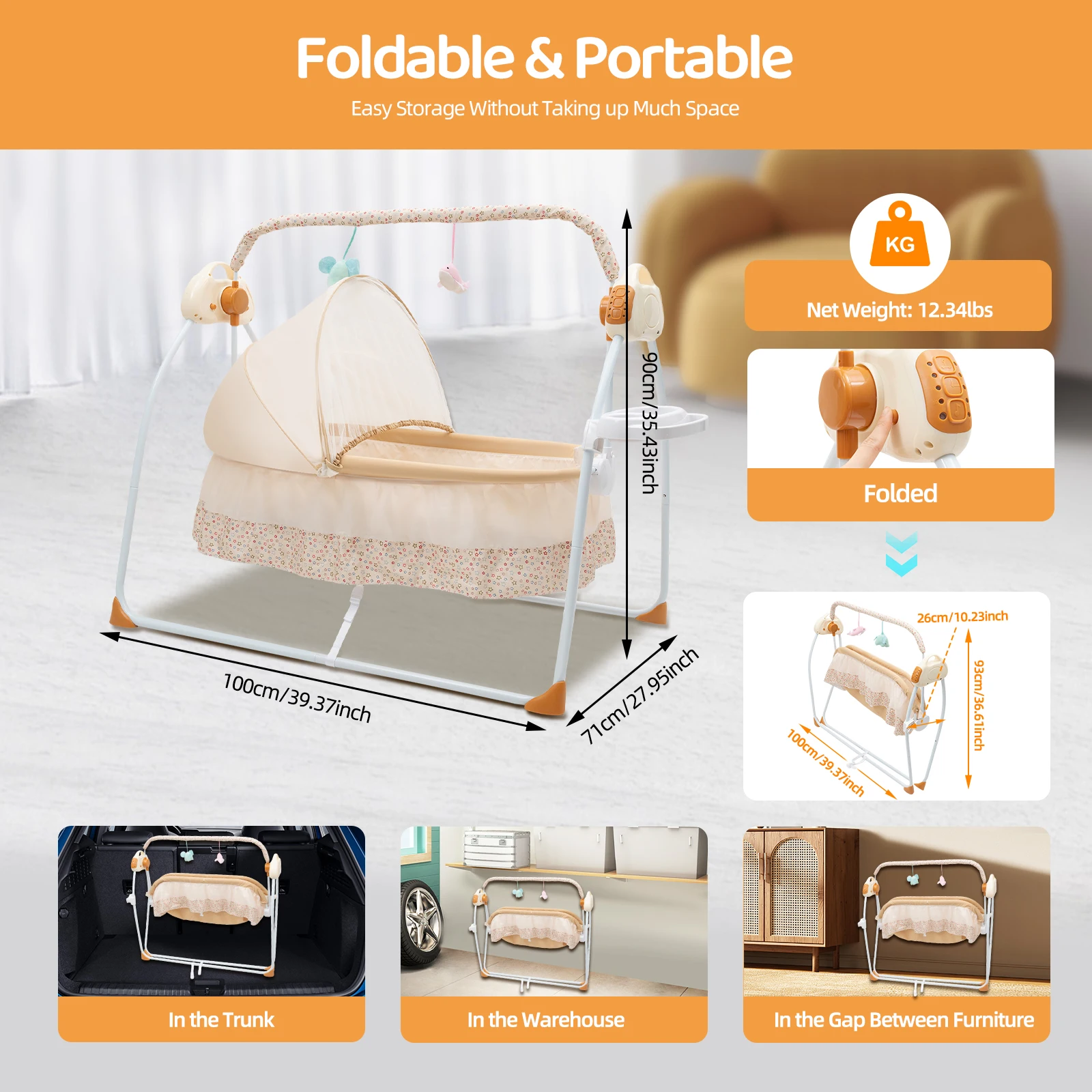 Baby Cradle Swing Electric 5 Gears 55LBS Load 0-18 Months Foldable Bluetooth Music Timing for Newborn ABS Steel Pipe