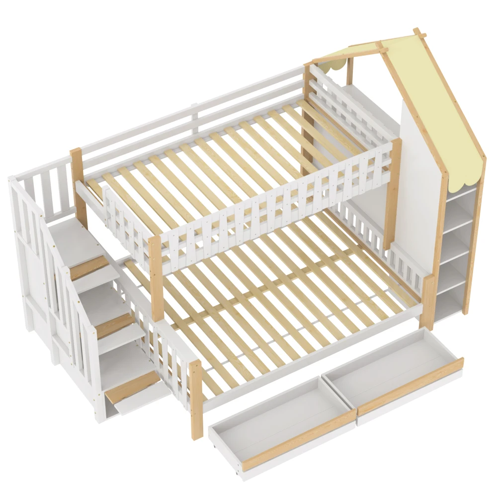 Bunk Bed 90x200cm +140x200cm with Bed Grid Storage Guide House Rail & 2 Drawers-Irregular Fence Design ( Without Mattress )