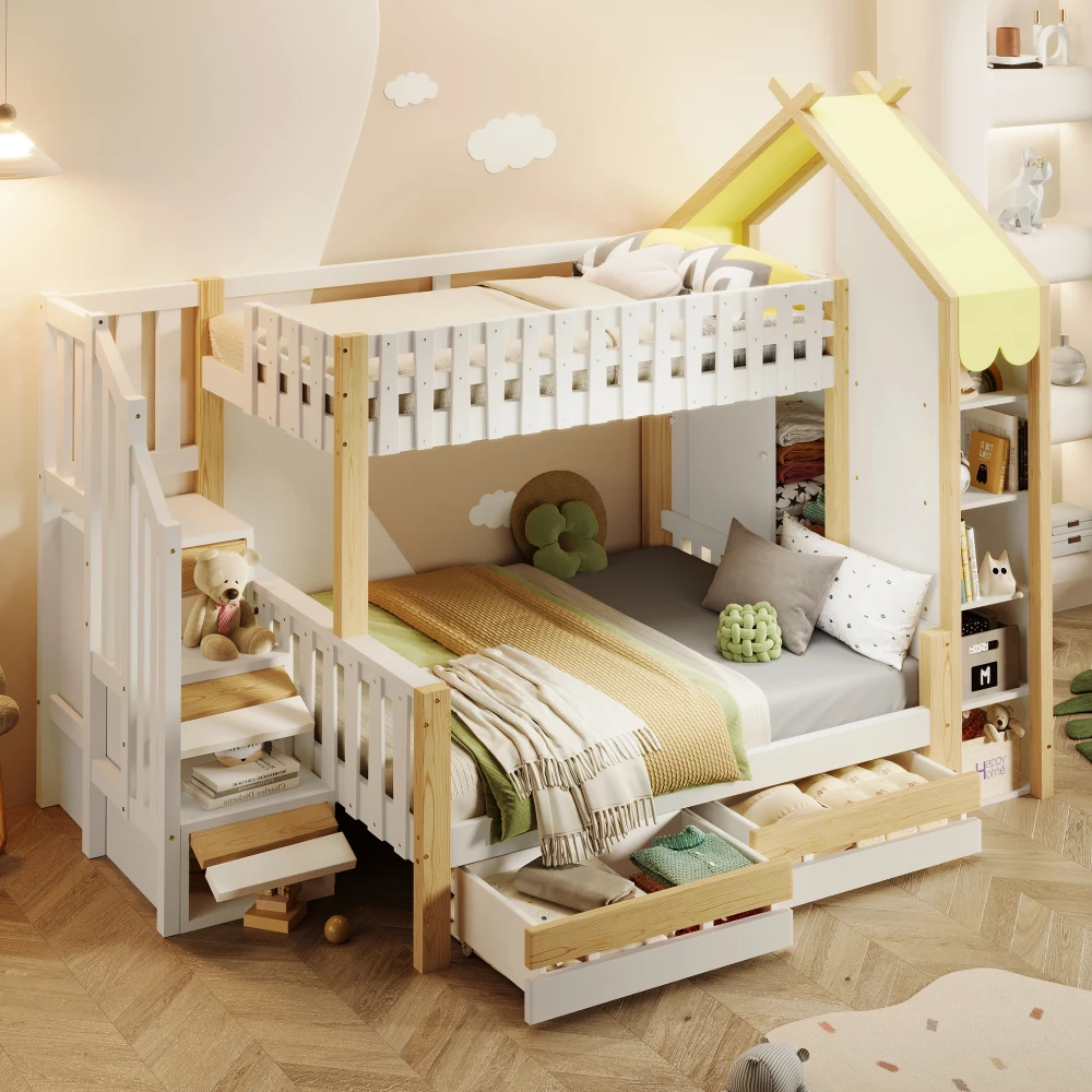 Bunk Bed 90x200cm +140x200cm with Bed Grid Storage Guide House Rail & 2 Drawers-Irregular Fence Design ( Without Mattress )