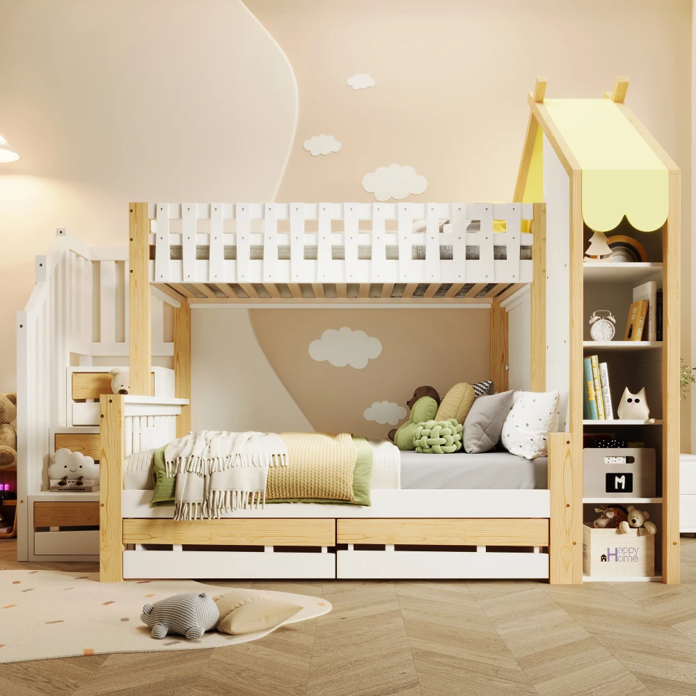 Bunk Bed 90x200cm +140x200cm with Bed Grid Storage Guide House Rail & 2 Drawers-Irregular Fence Design ( Without Mattress )