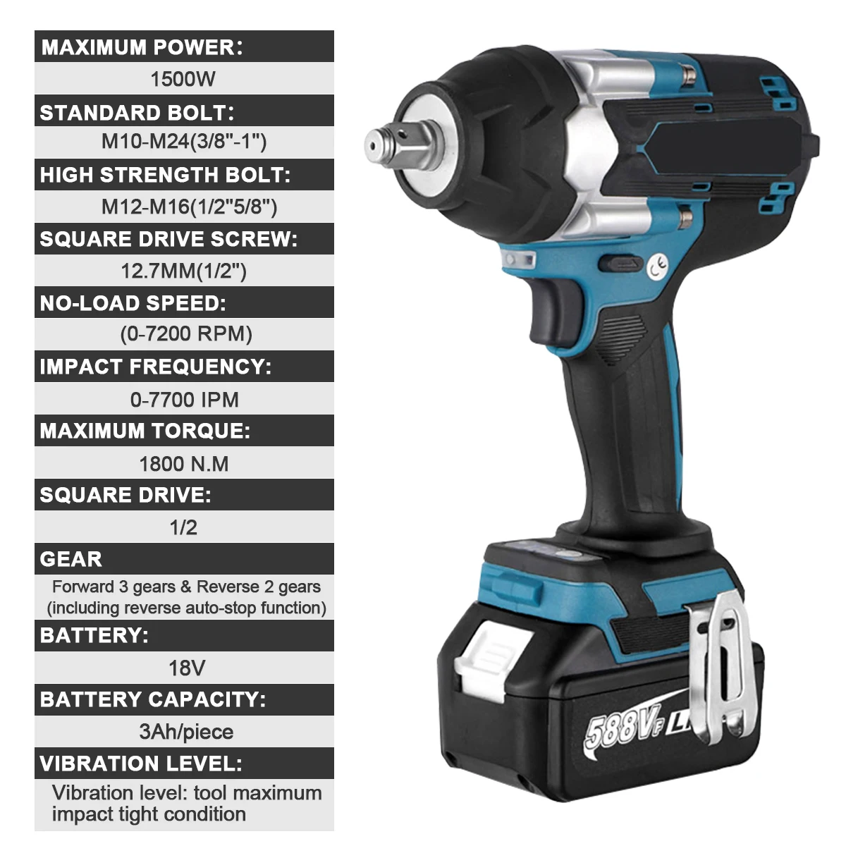 1800N.M 1/2" Brushless Impact Wrench for Makita 18V, Cordless Lithium Battery Power Tool, Heavy Duty for Nut Bolt, Car Repair