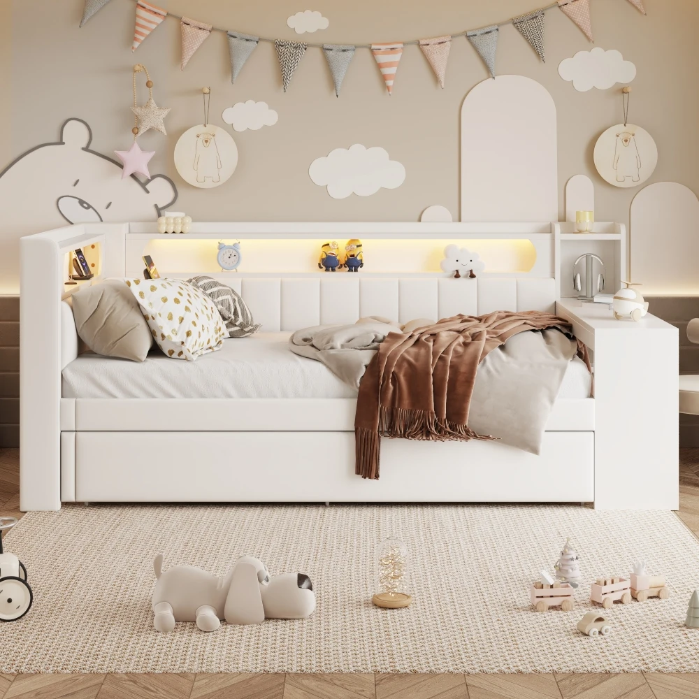 Upholstered Daybed with Pull-Out Bed & Desk Multifunctional Sofa Bed with USB Ports and LED Light Strip Without Mattress