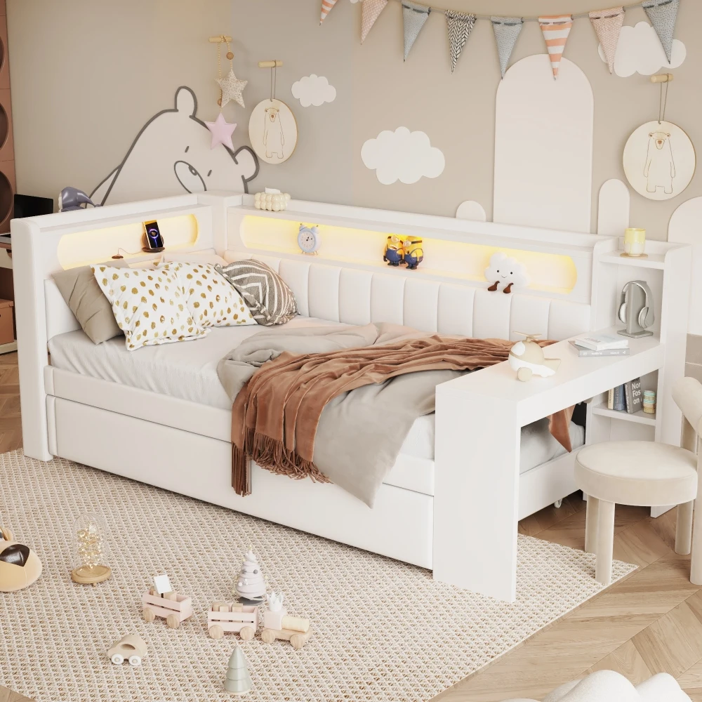 Upholstered Daybed with Pull-Out Bed & Desk Multifunctional Sofa Bed with USB Ports and LED Light Strip Without Mattress