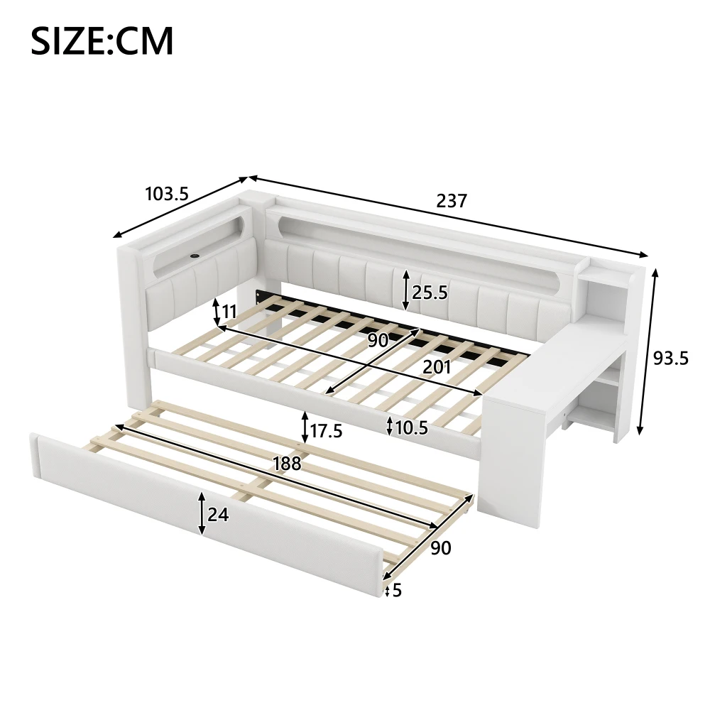 Upholstered Daybed with Pull-Out Bed & Desk Multifunctional Sofa Bed with USB Ports and LED Light Strip Without Mattress