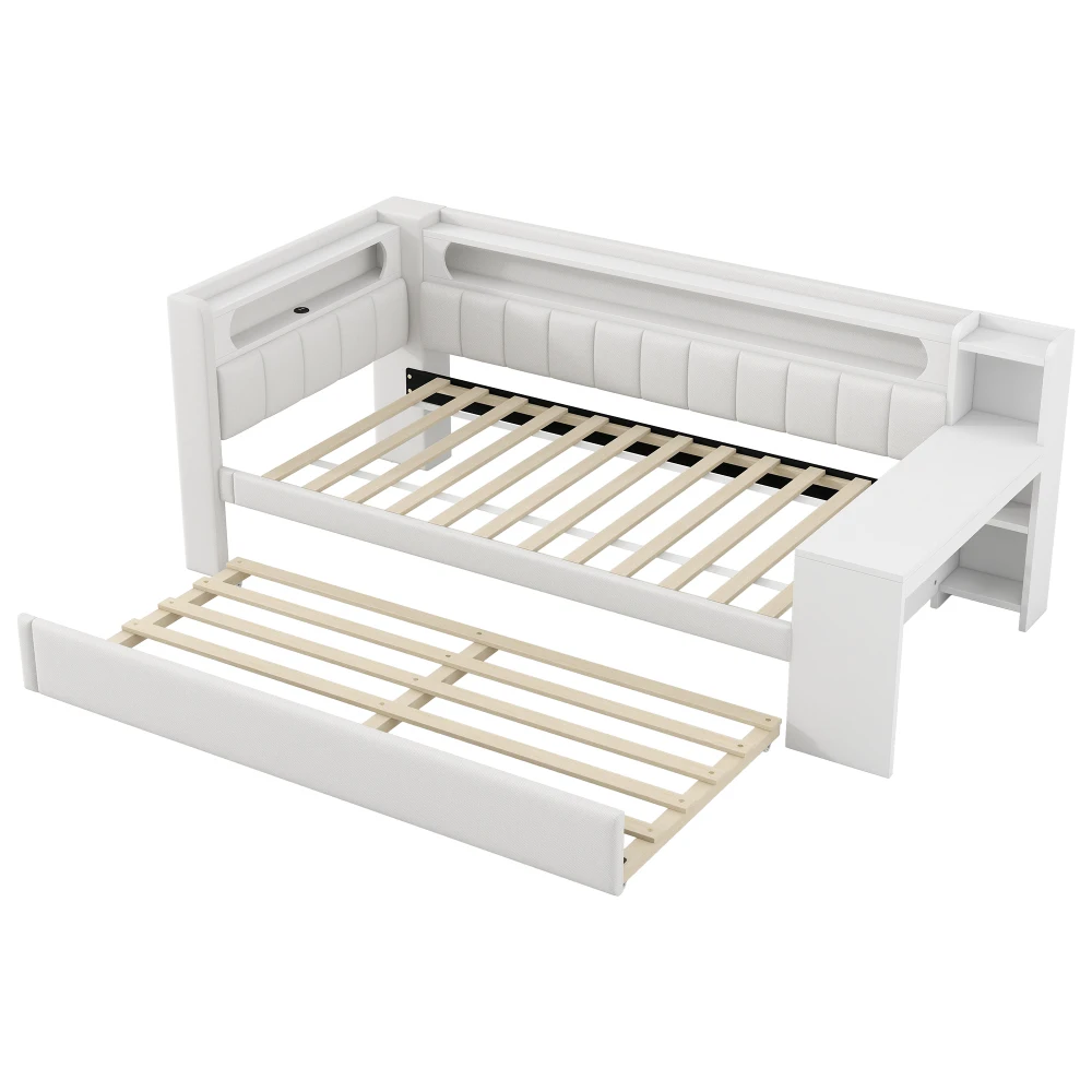 Upholstered Daybed with Pull-Out Bed & Desk Multifunctional Sofa Bed with USB Ports and LED Light Strip Without Mattress