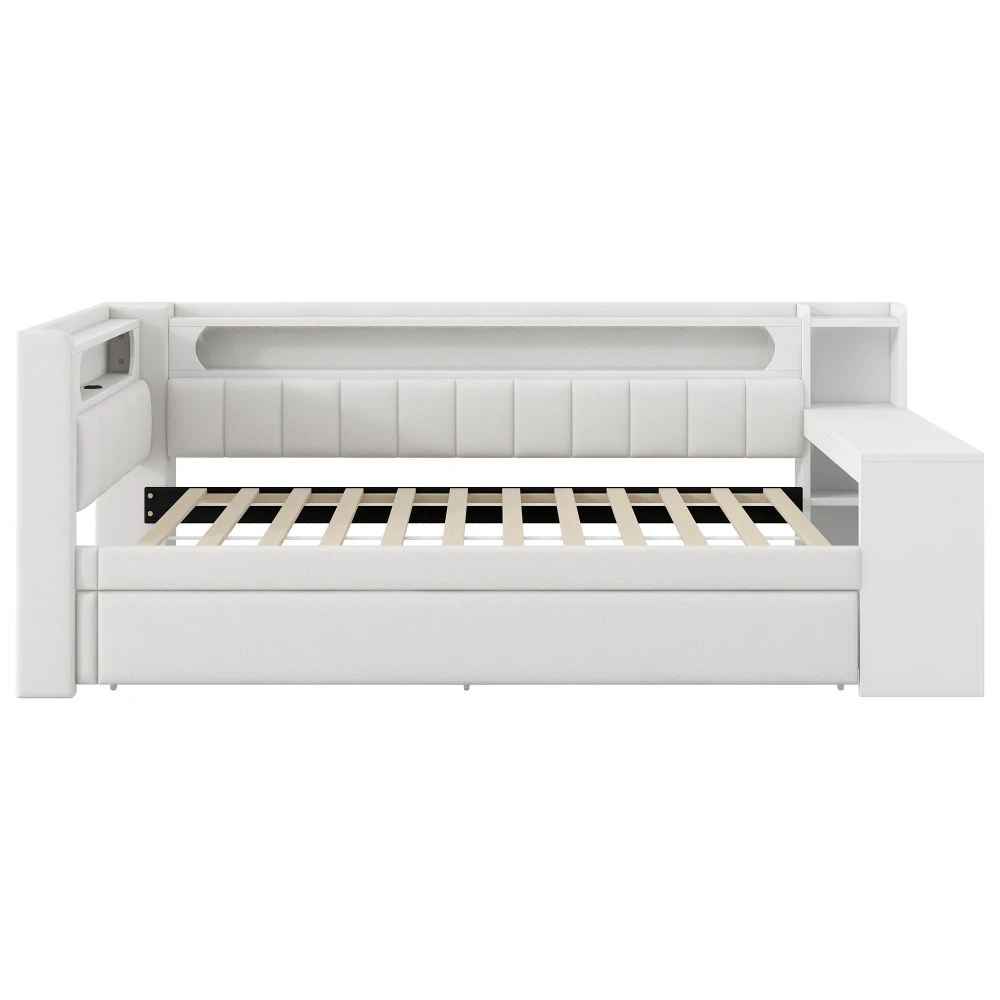 Upholstered Daybed with Pull-Out Bed & Desk Multifunctional Sofa Bed with USB Ports and LED Light Strip Without Mattress