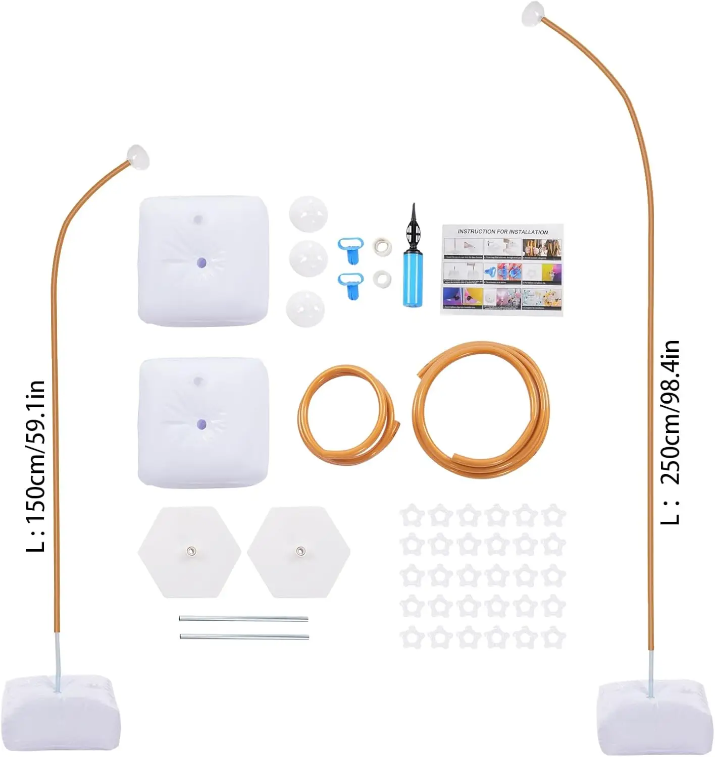 2-Size Half Balloon Arch Stand Kit-Bendable Brackets&Aluminum-Plastic/Iron,Stable Water Bags&30 Clips,Manual Pump&Complete Parts