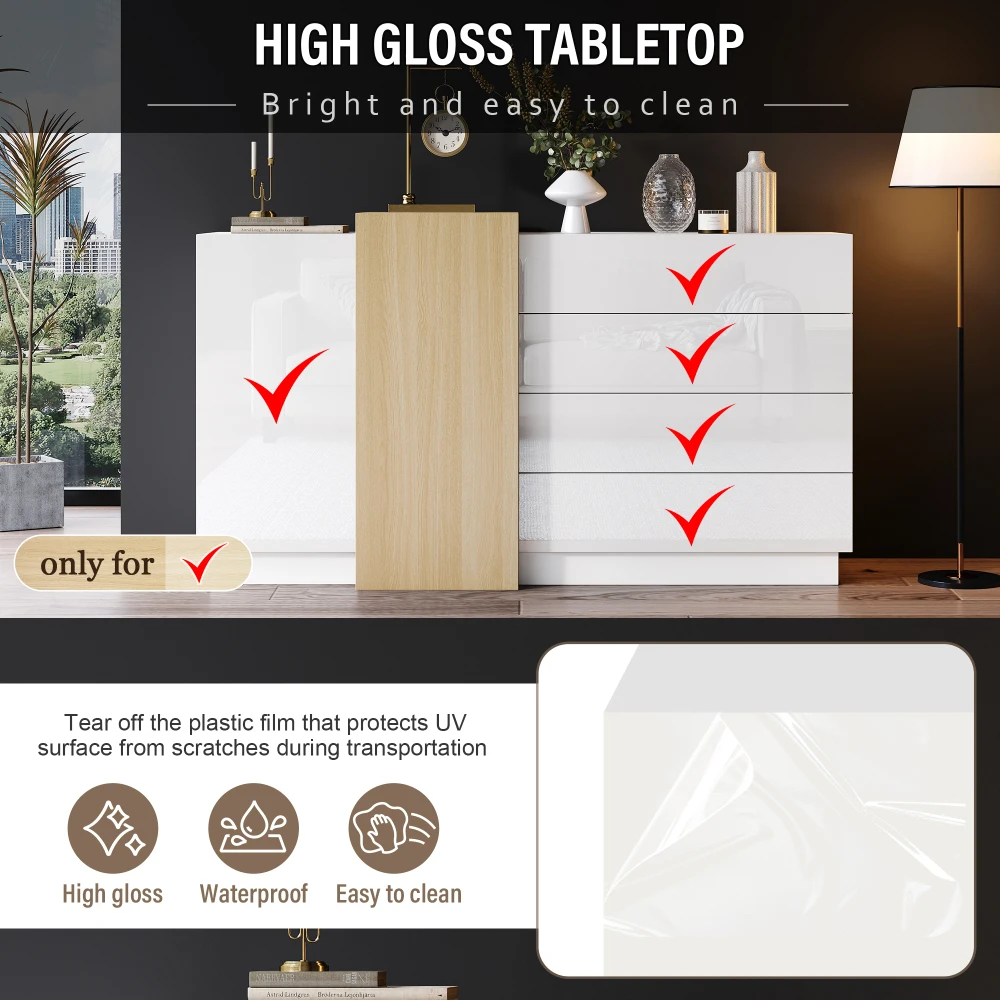 White High Gloss Sideboard Modern Minimalist Design Multifunctional Dining Cabinet with Storage Space Sturdy Storage Cabinet