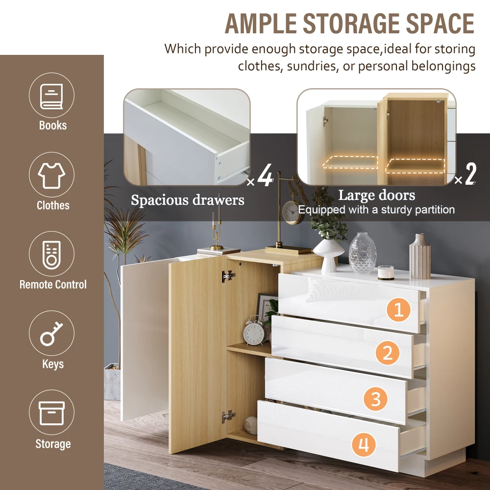 White High Gloss Sideboard Modern Minimalist Design Multifunctional Dining Cabinet with Storage Space Sturdy Storage Cabinet