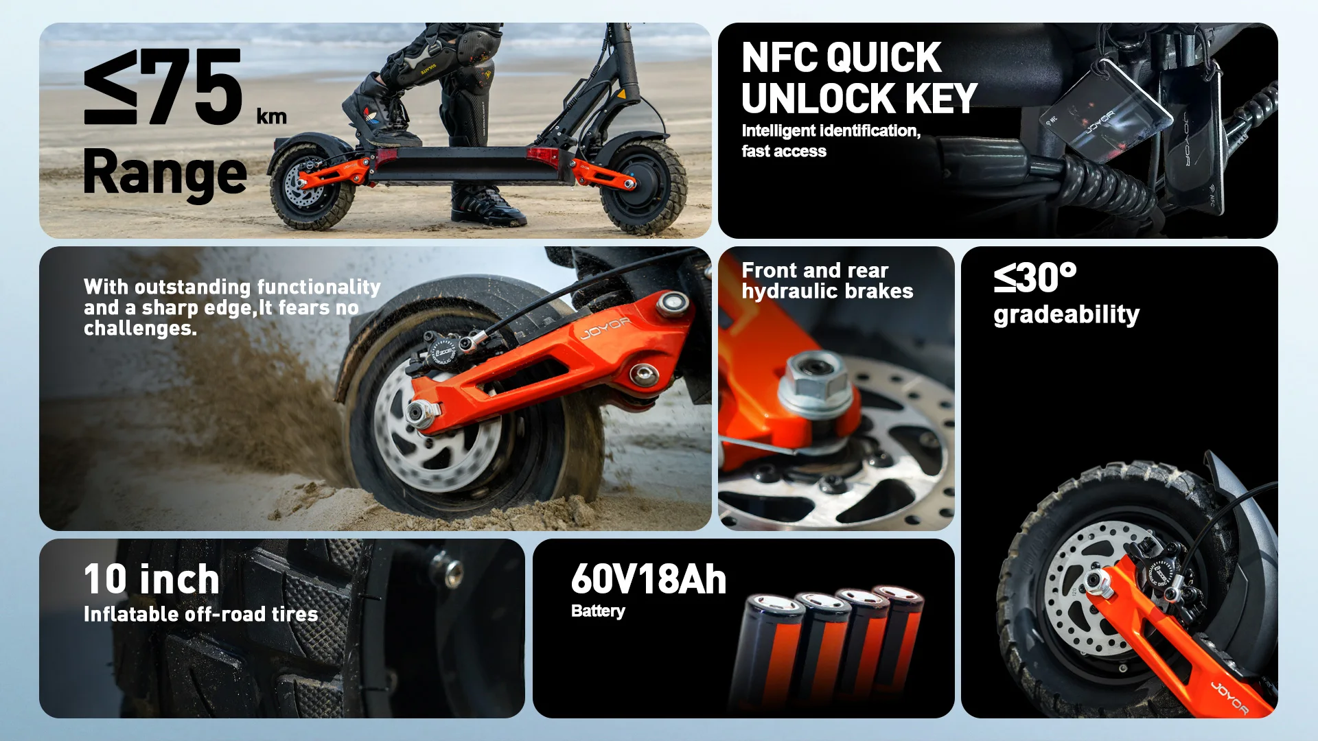 JOYOR T10 Adult Electric Scooter Dual Motor 60V18AH Battery Off-Road 10-Inch Tire Foldable E-Scooter for Off-Pavement