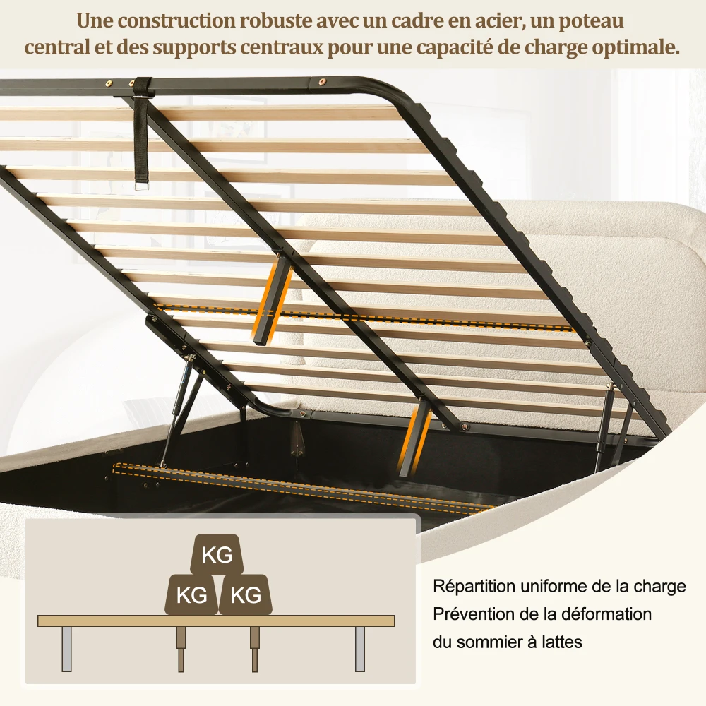 Curly Fabric Bunk Bed Modern Double Bed Hydraulic Adjustable Slatted Base Upholstered Headboard Multifunctional Bedroom Storage