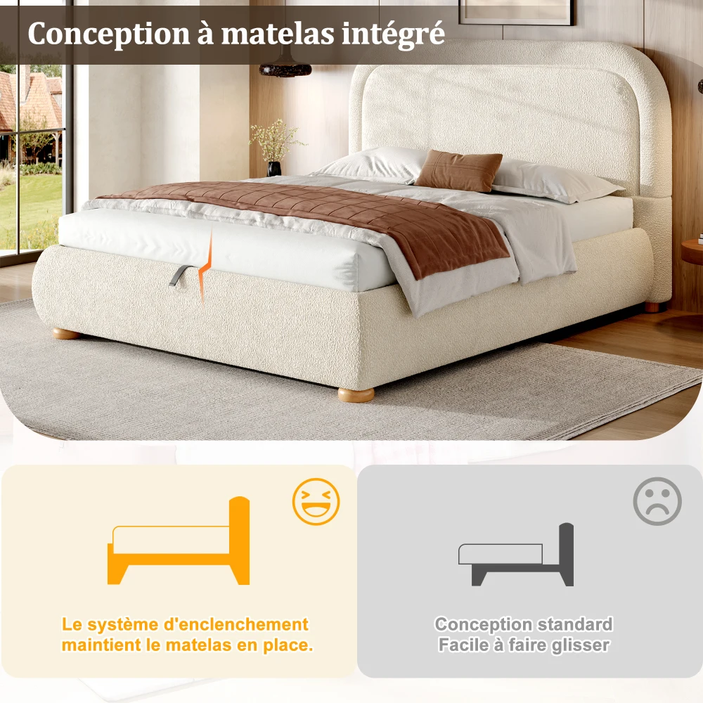 Curly Fabric Bunk Bed Modern Double Bed Hydraulic Adjustable Slatted Base Upholstered Headboard Multifunctional Bedroom Storage