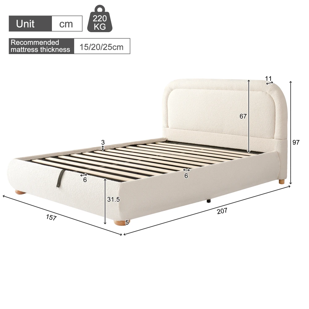 Curly Fabric Bunk Bed Modern Double Bed Hydraulic Adjustable Slatted Base Upholstered Headboard Multifunctional Bedroom Storage