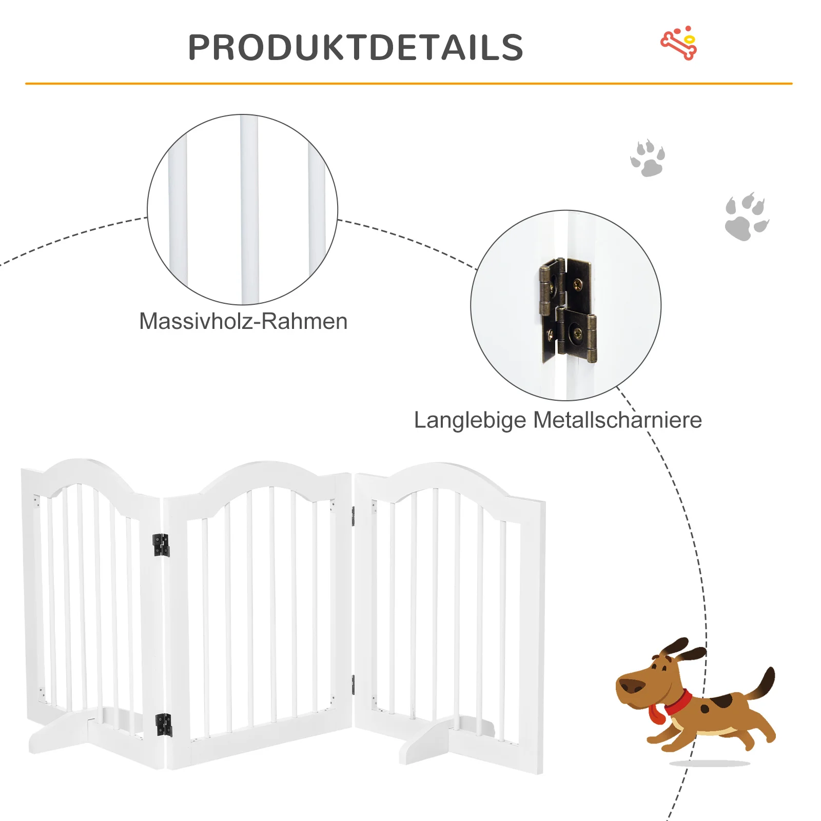Dog barrier, safety gate, dog gate, configuration gate, 3-piece with two support feet, stable, foldable, MDF, white