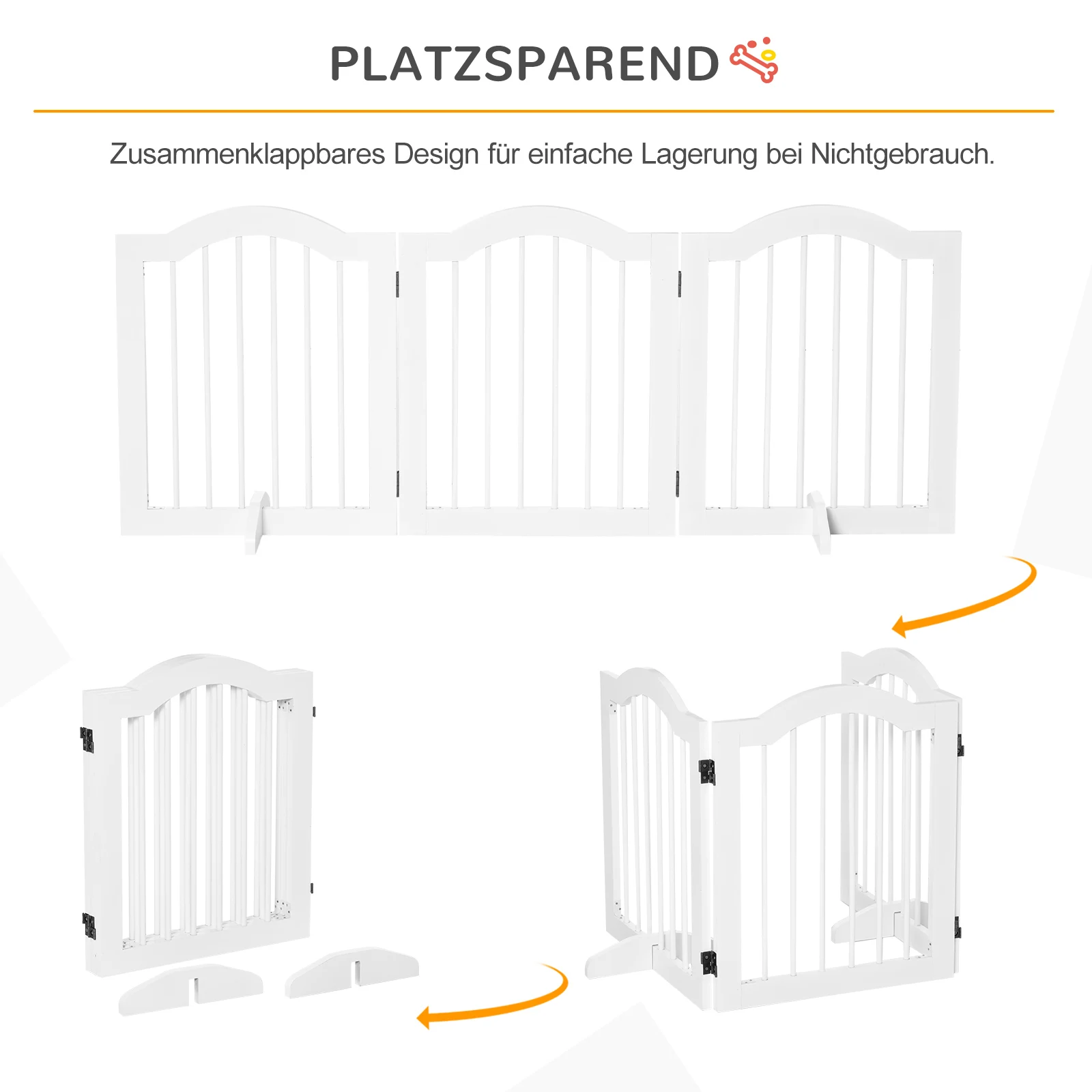 Dog barrier, safety gate, dog gate, configuration gate, 3-piece with two support feet, stable, foldable, MDF, white